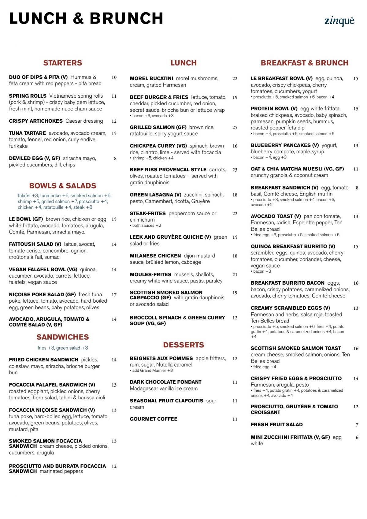 Zinqué Paris меню