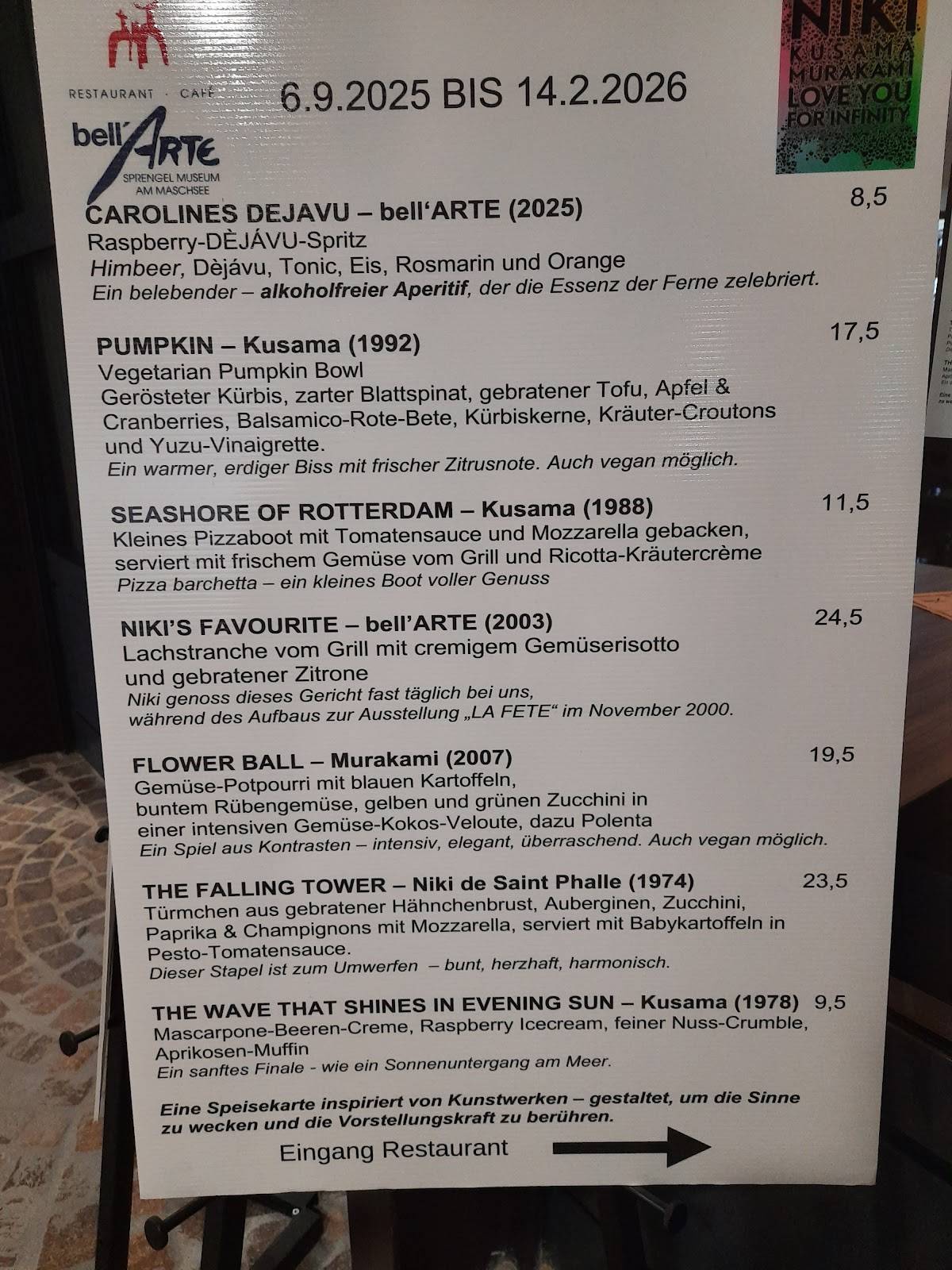 Restaurant bell'ARTE im Sprengel Museum меню