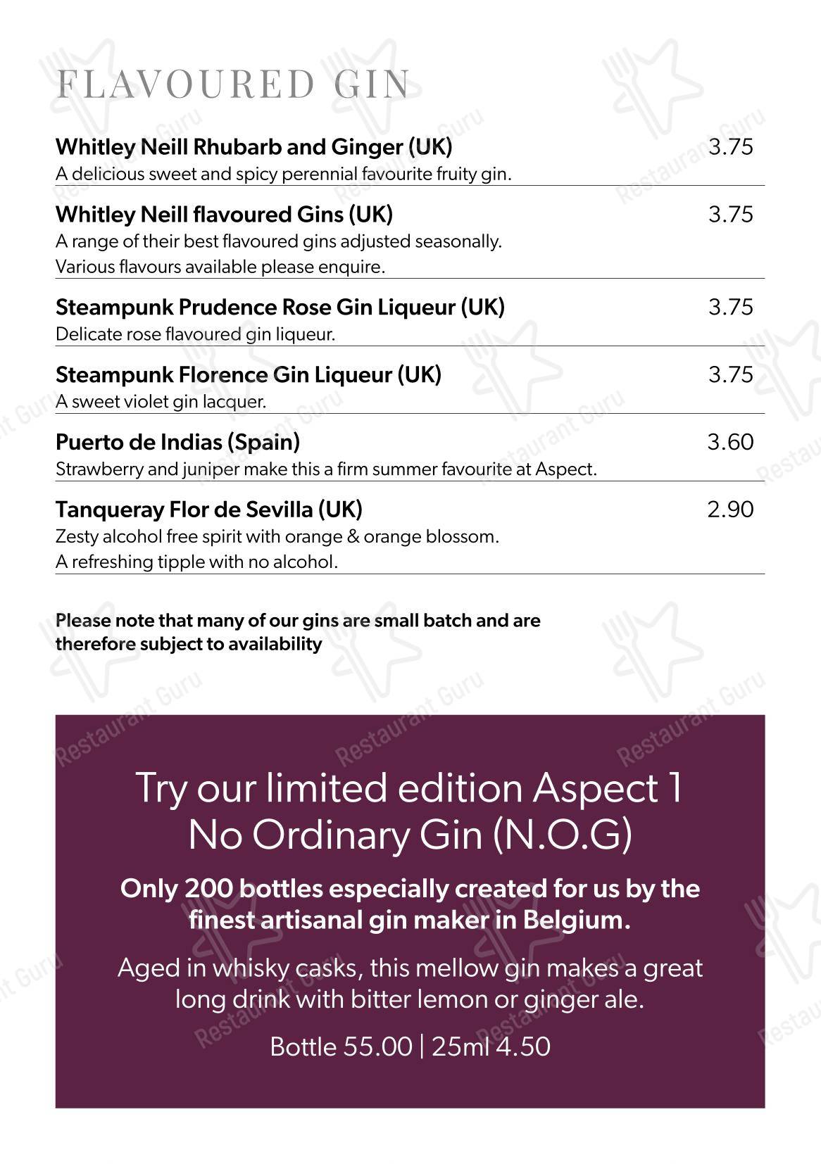 Основное меню паба и бара Aspect Bar & Bistro