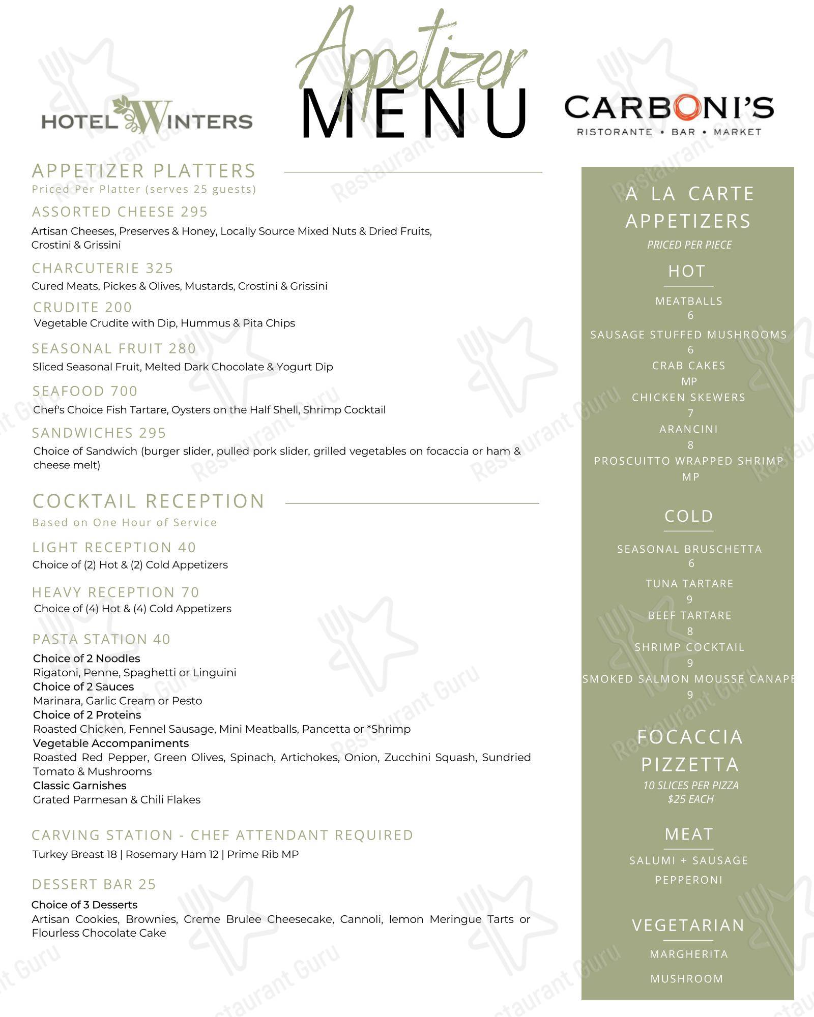 Меню паба и бара Carboni's Ristorante - Меню