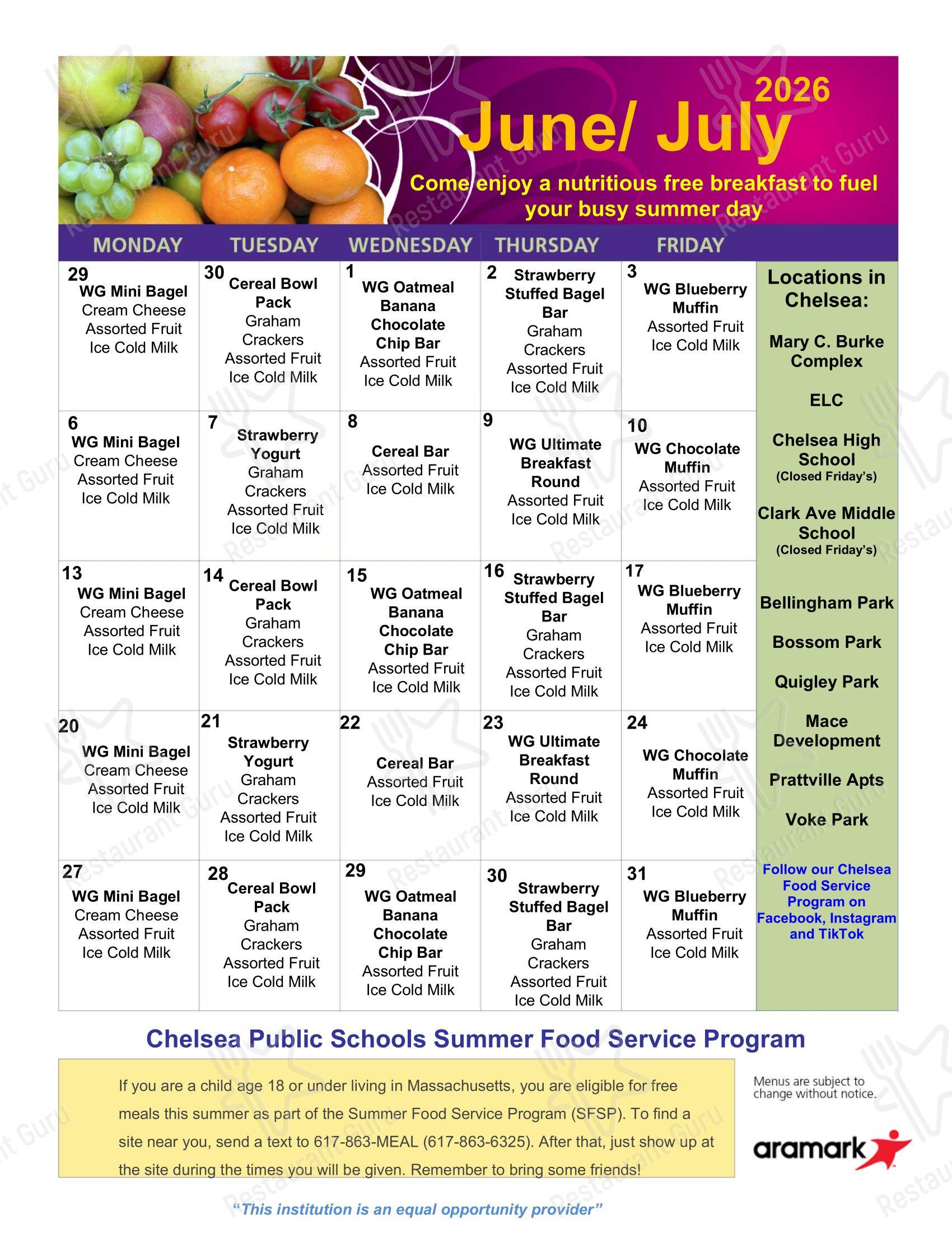 Chelsea Public Schools Food Service Program в Челси - Меню
