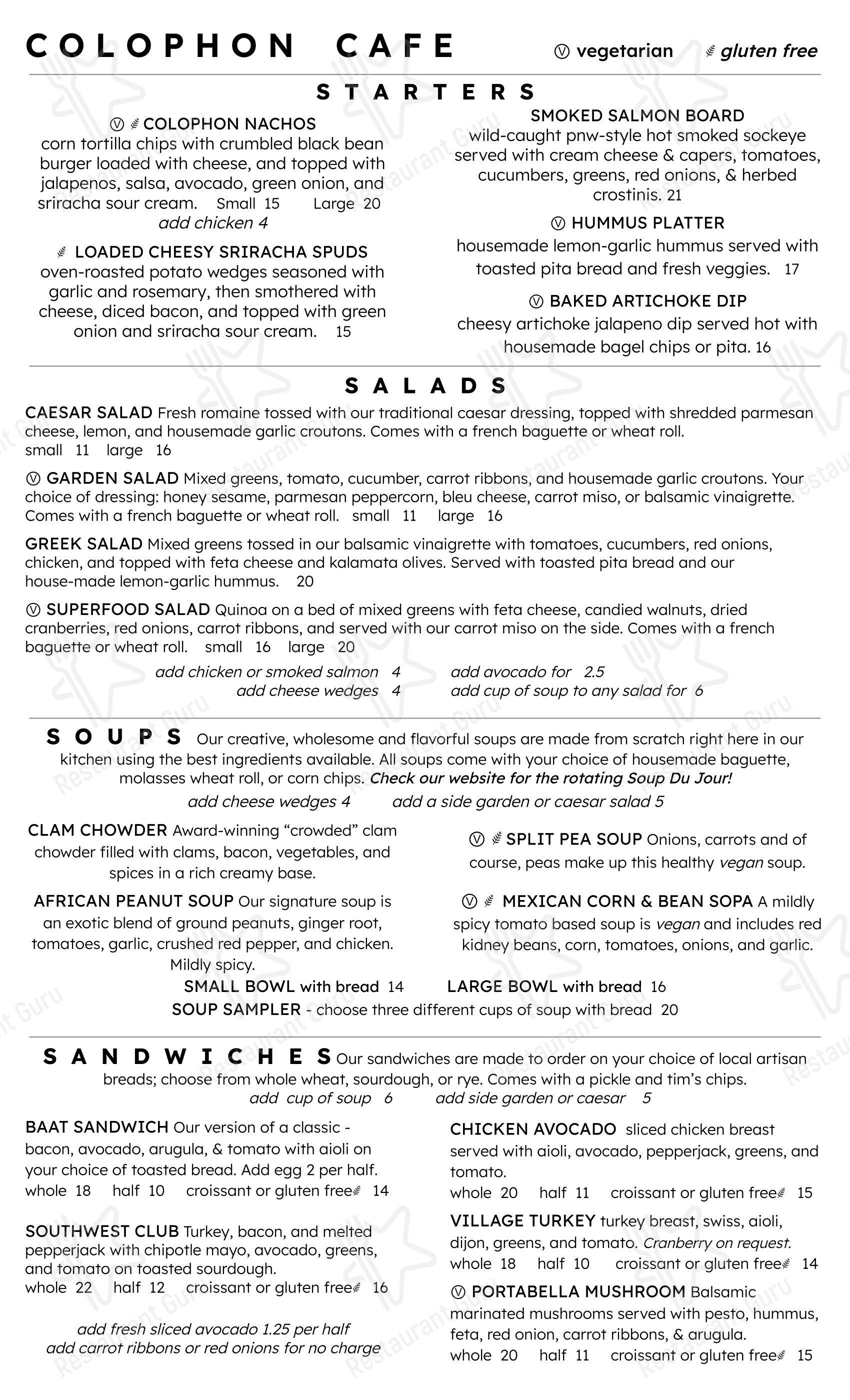 Меню ресторана Colophon Cafe - Основное меню