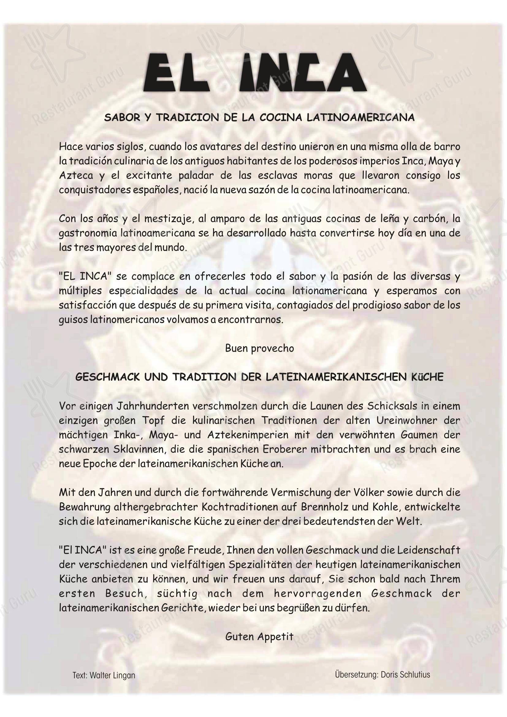 Меню напитков ресторана El Inca Restaurant