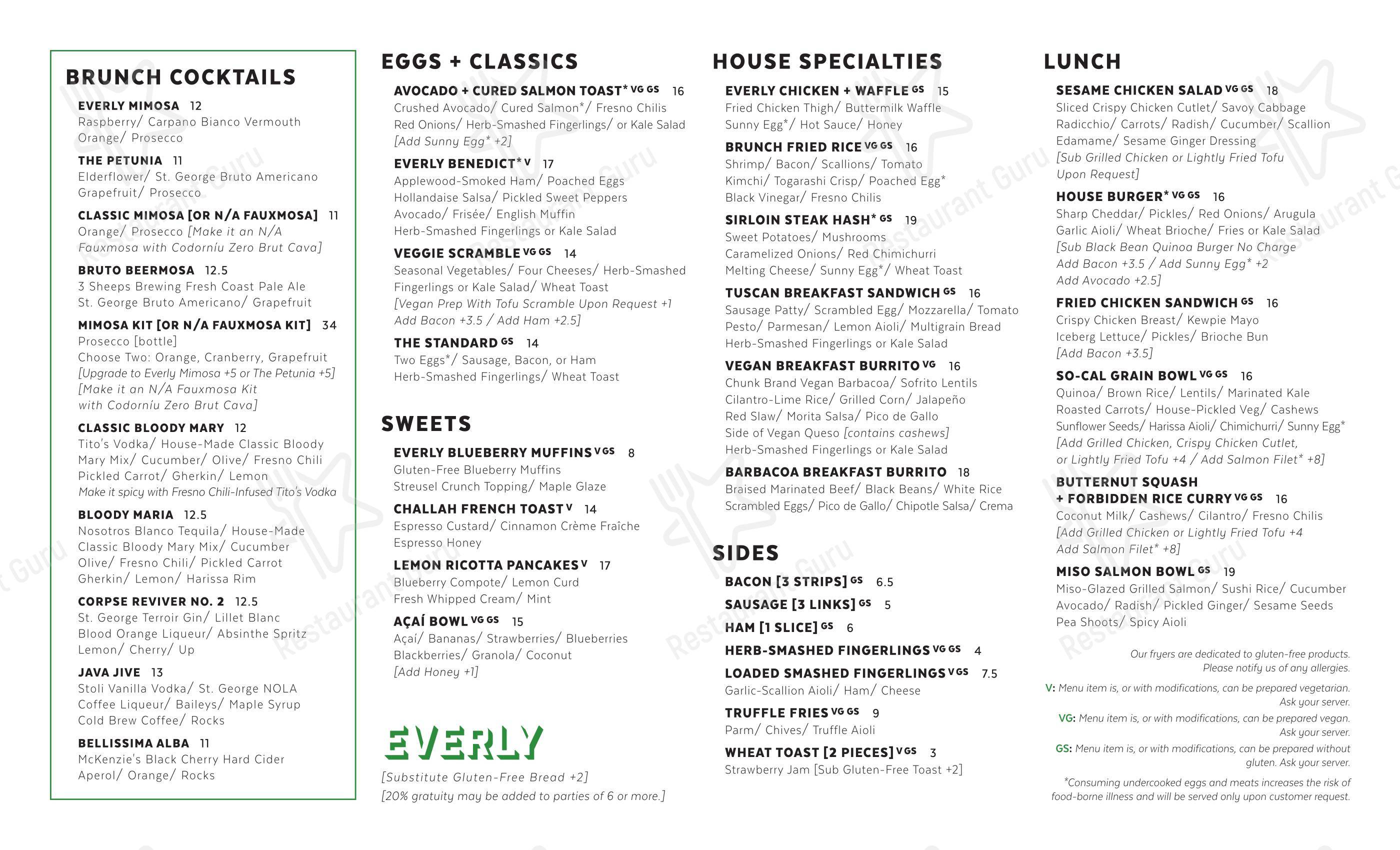 Меню паба и бара Everly - Dinner Menu