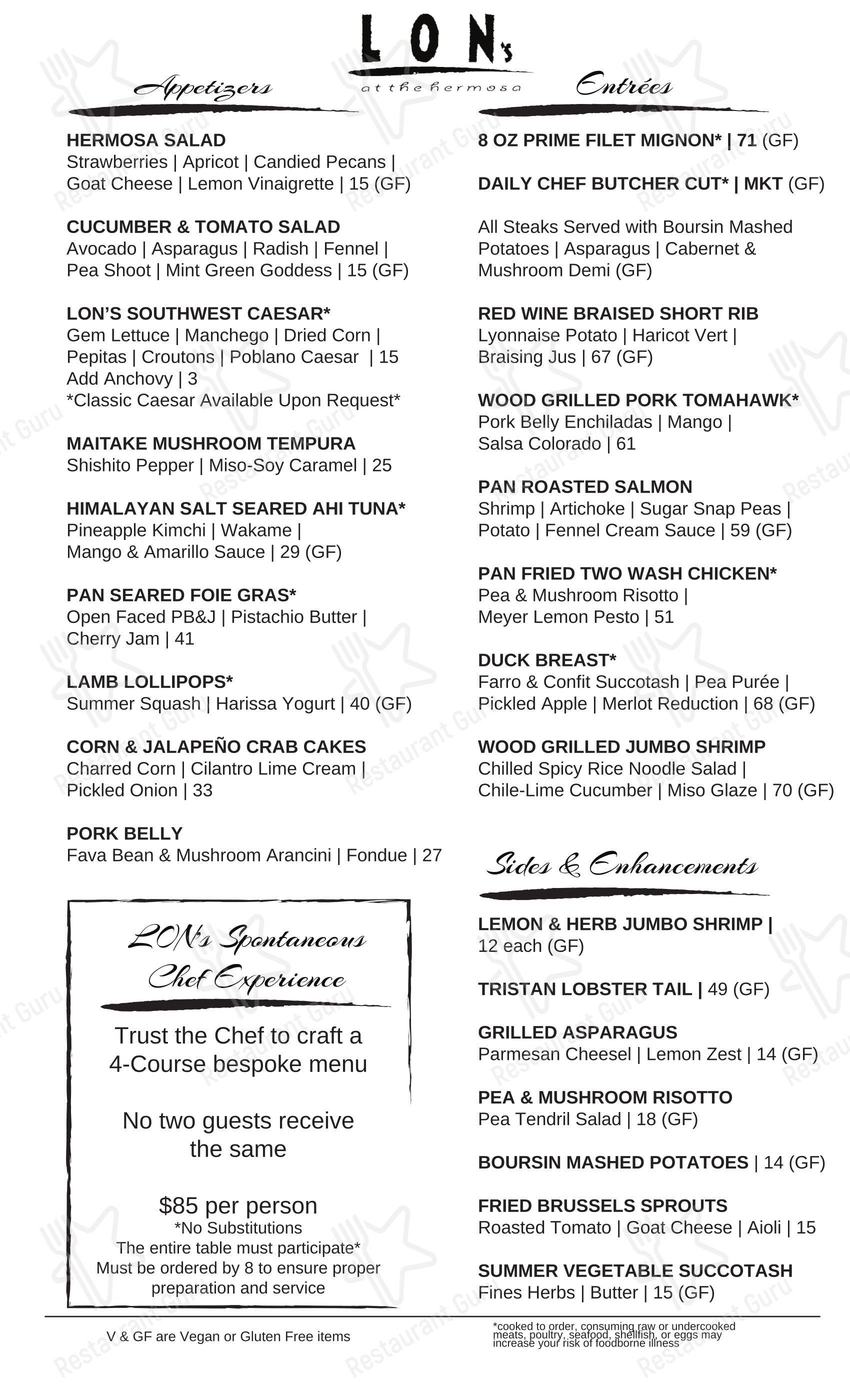 Меню напитков паба и бара LON’s at The Hermosa Inn