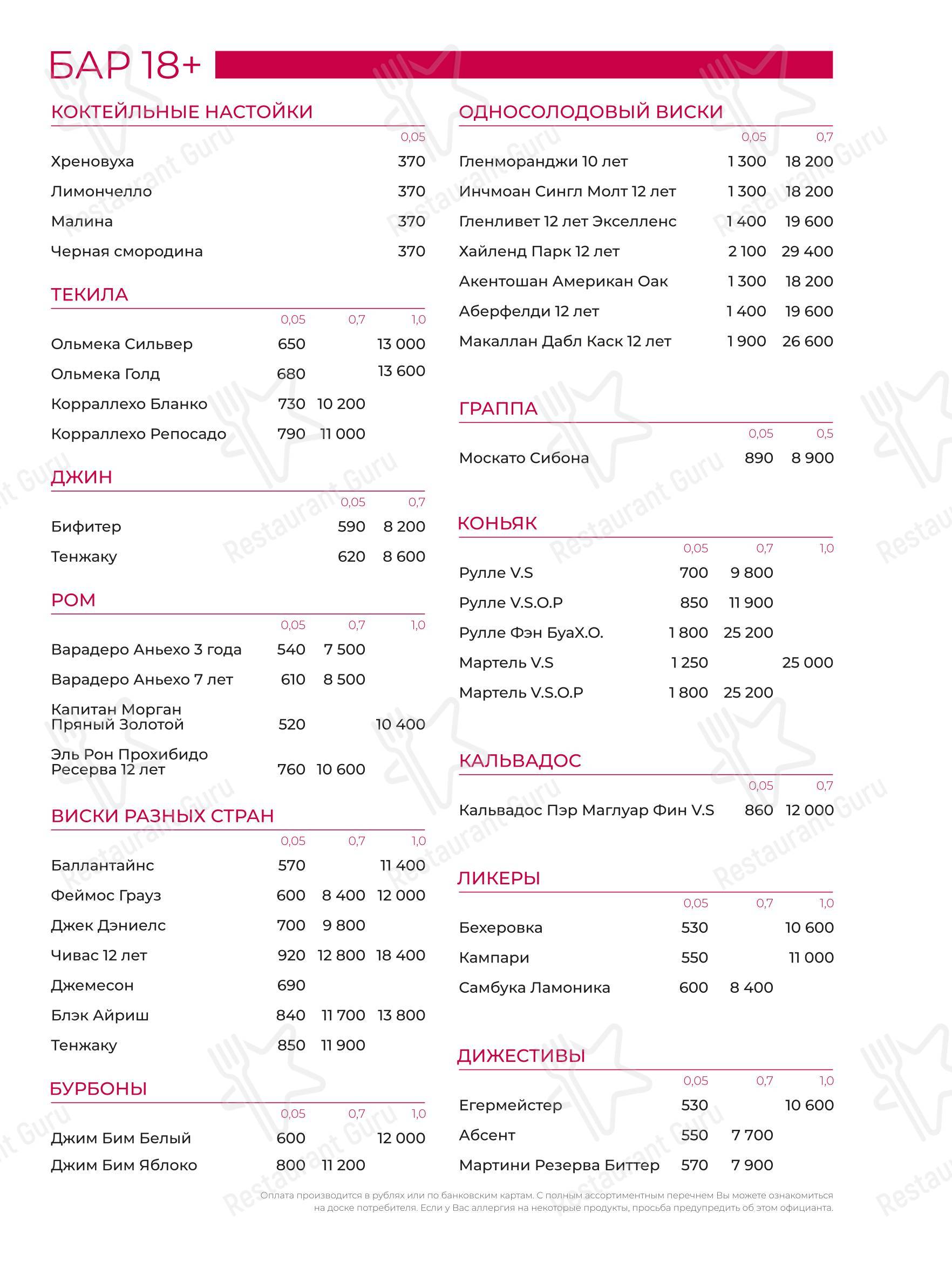 Dinner Menu ресторана Puberty