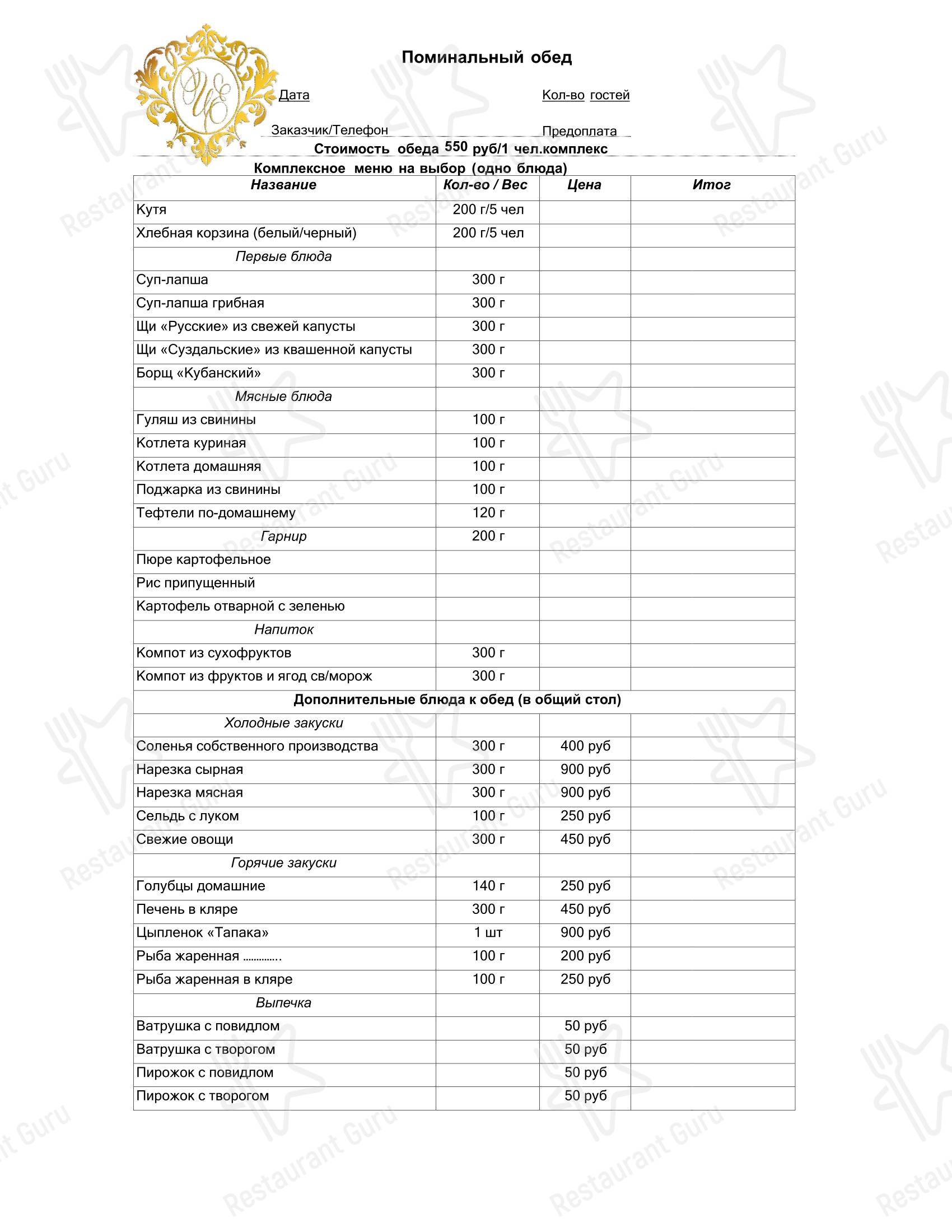 Меню кафе 3 Мушкетера - Ночное меню