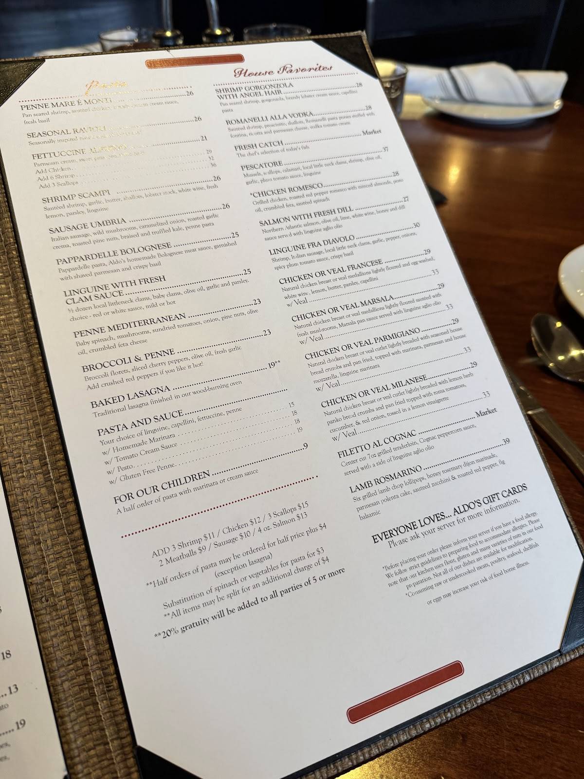 Aldo's Ristorante меню