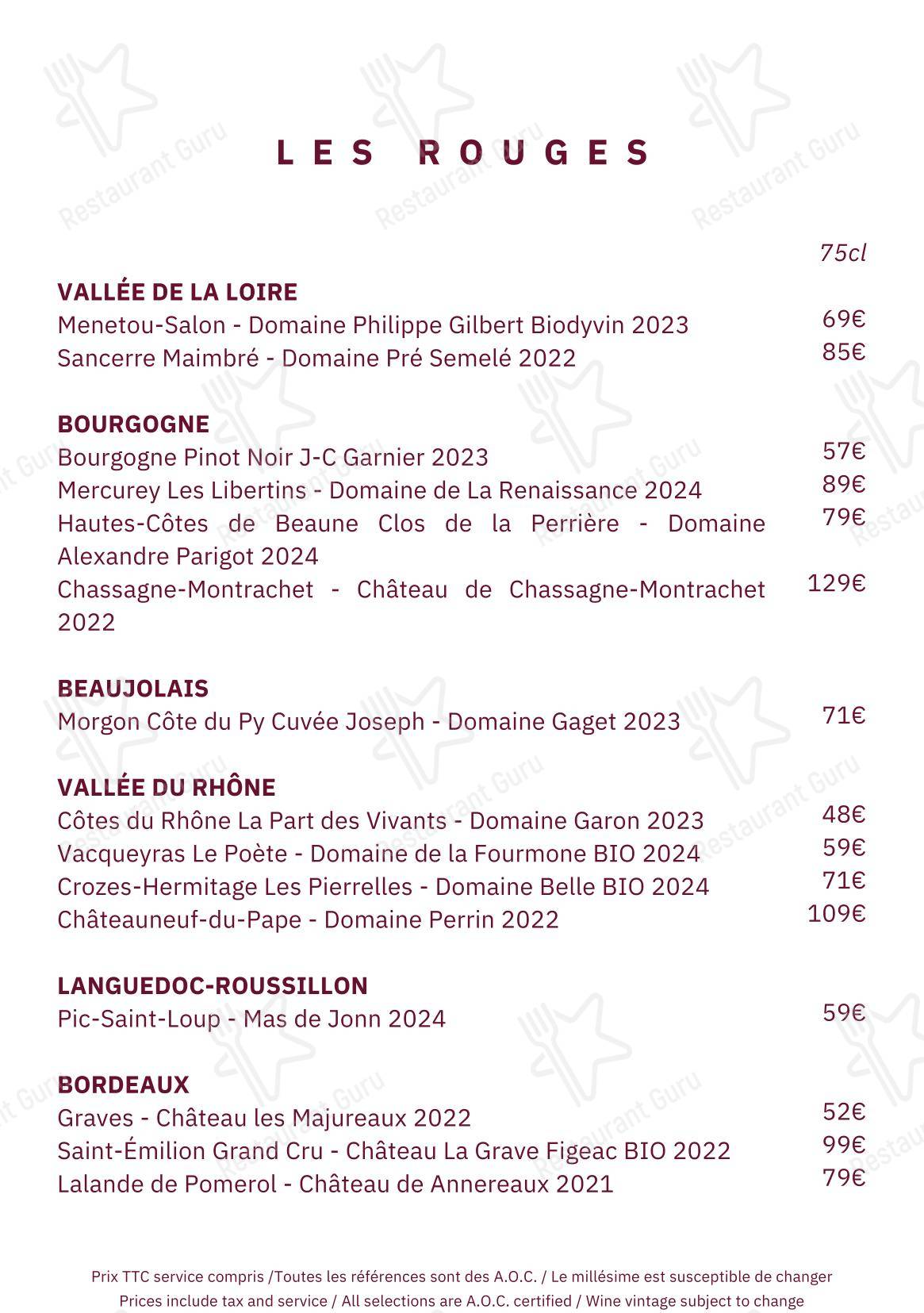 Wine Menu ресторана Annette в Париже