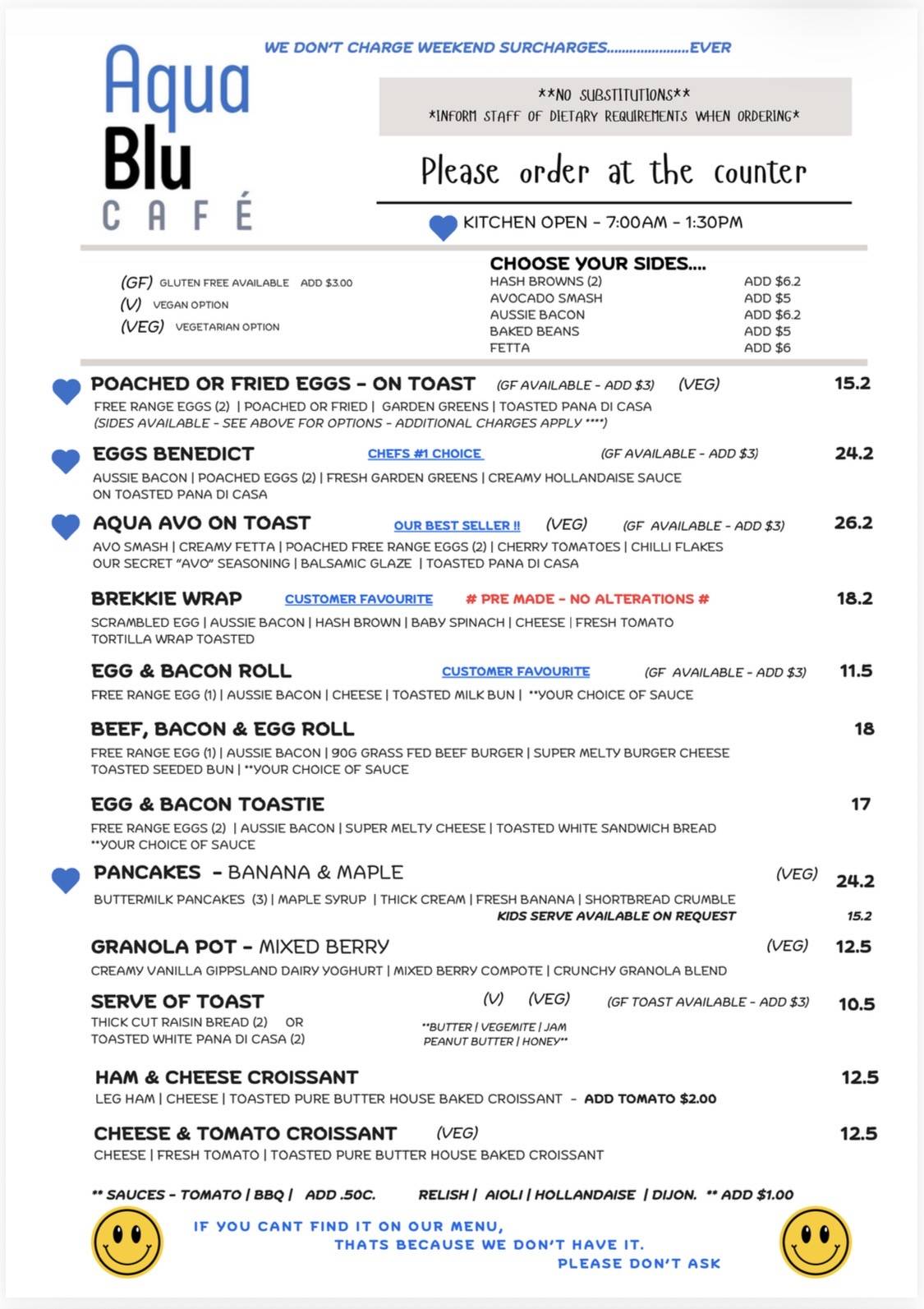 Aqua Blu Cafe меню