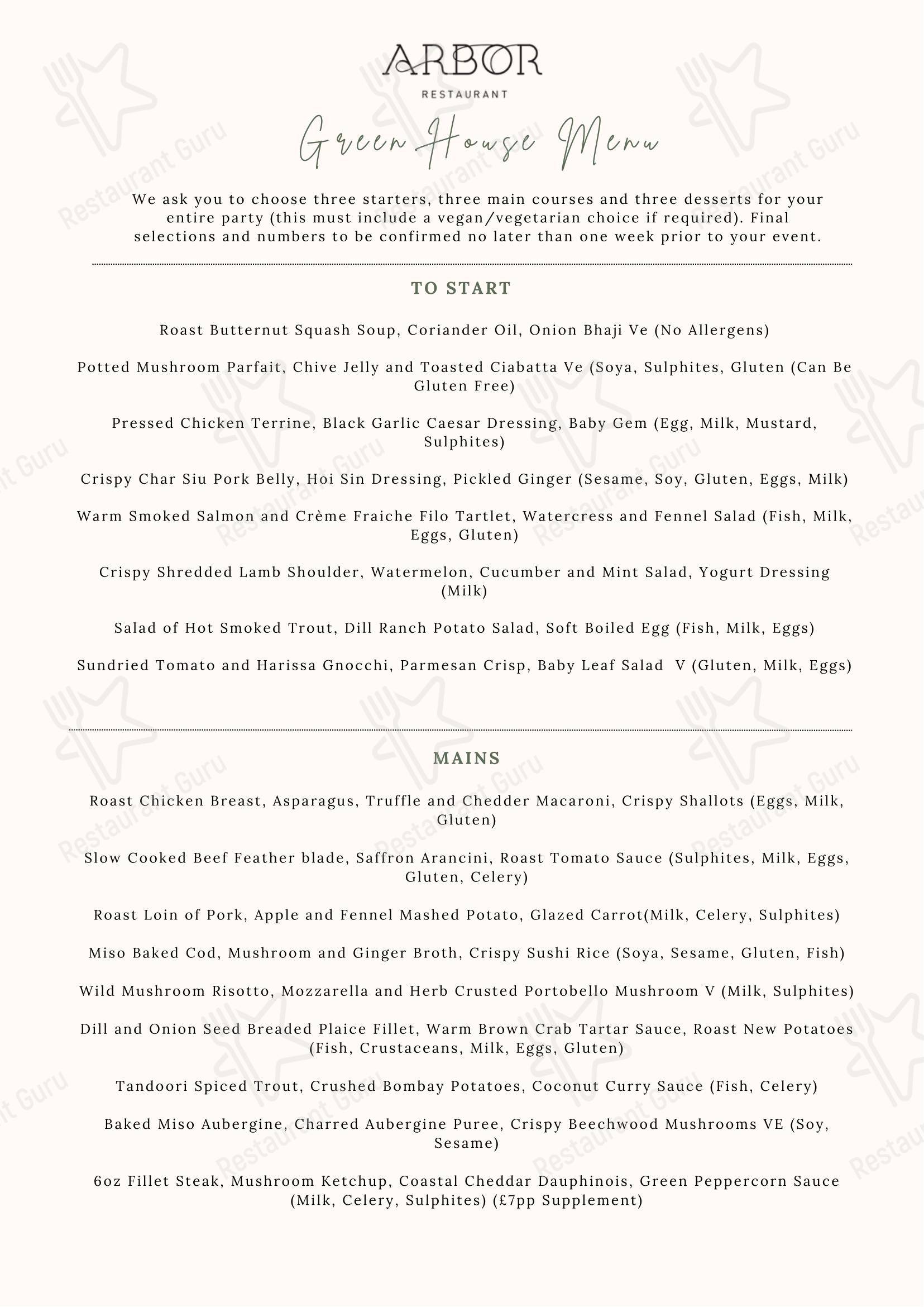 Group Booking Menu паба и бара Arbor в Борнмуте