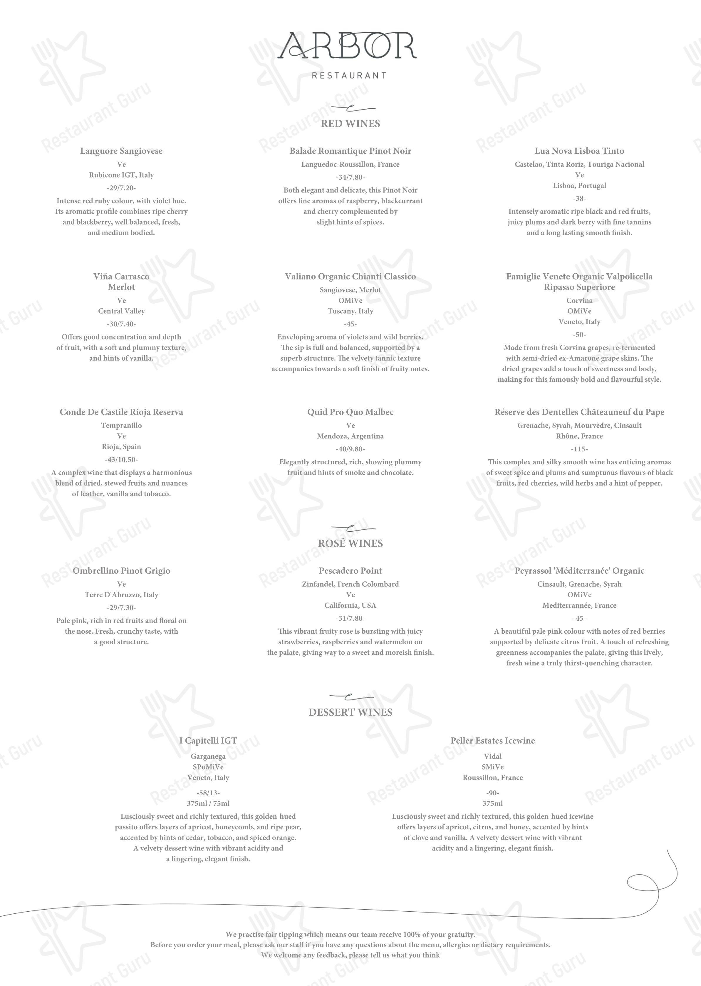 Arbor в Борнмуте - Buffet Menu