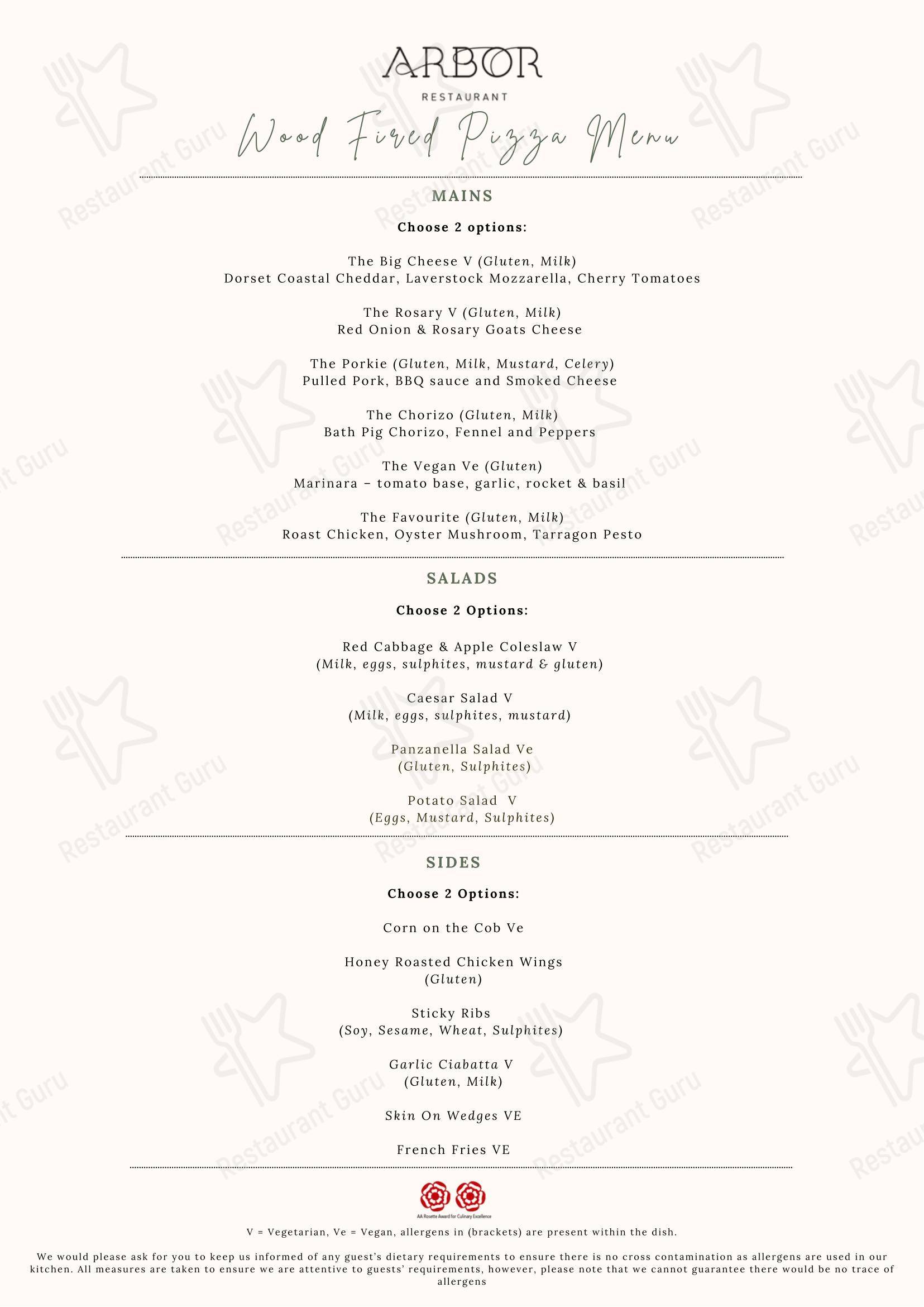 Меню паба и бара Arbor - Bar Grill Menu