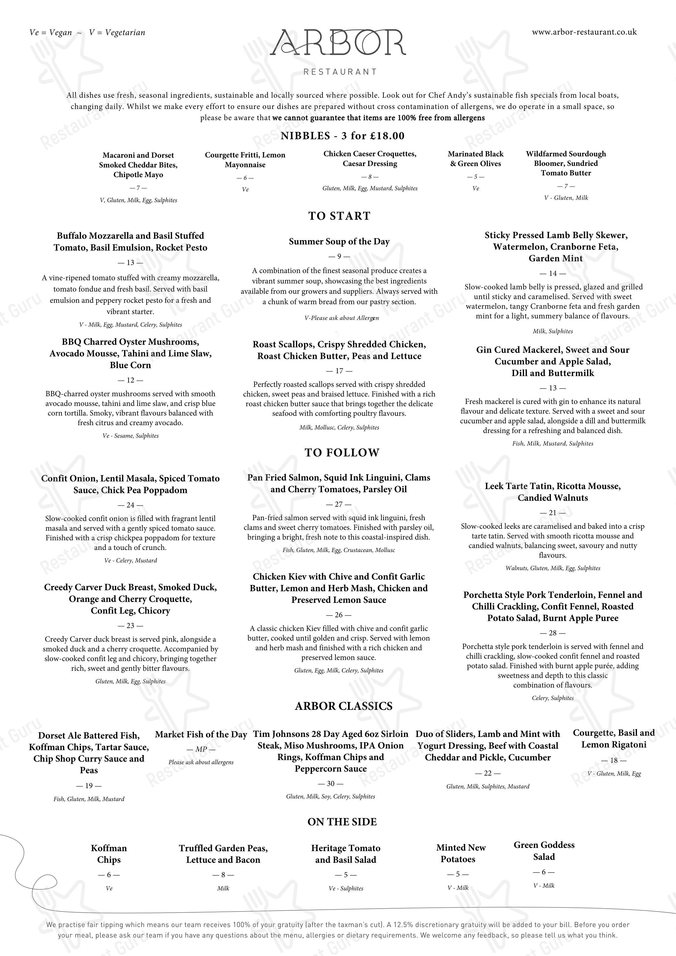 Меню паба и бара Arbor - Dinner Menu