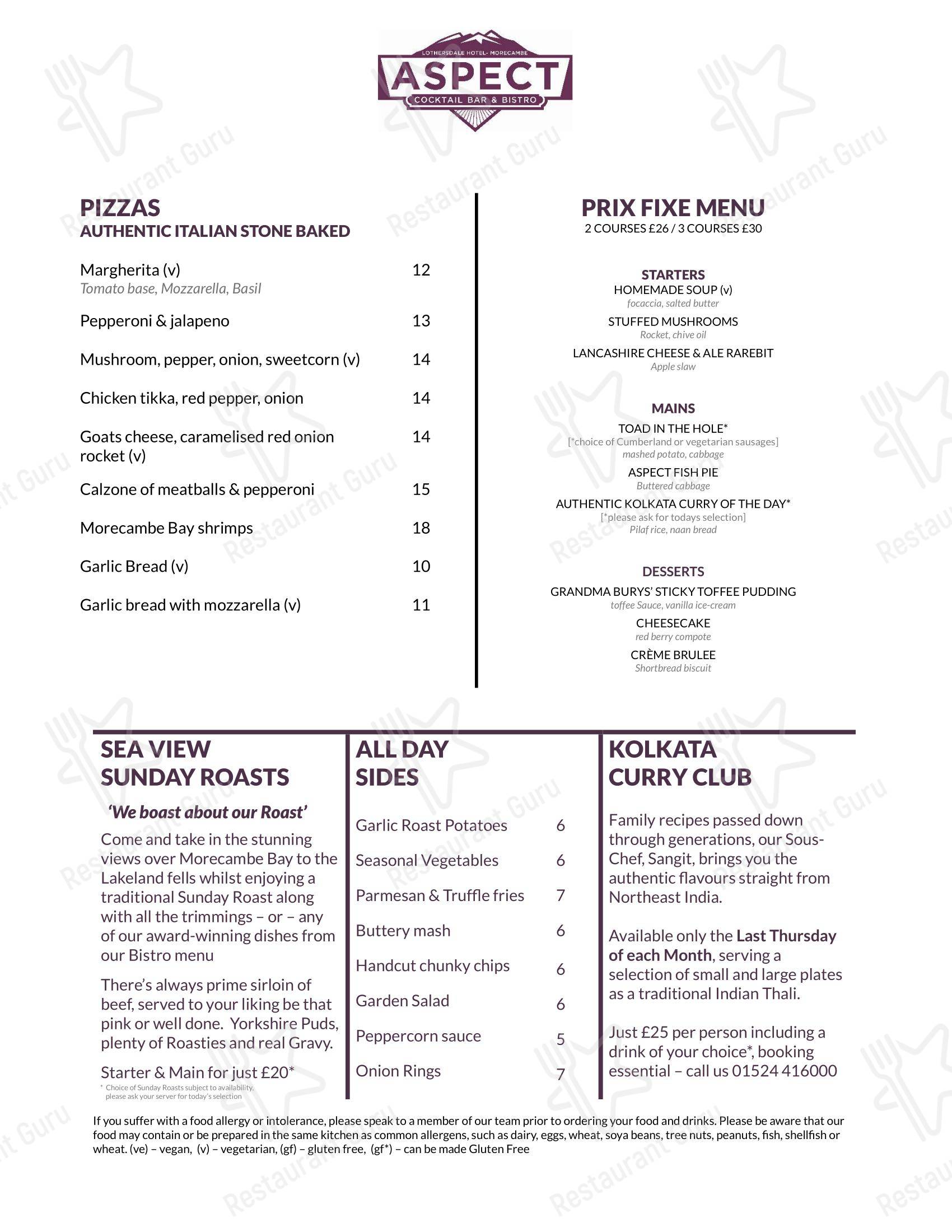 菜单 паба и бара Aspect Bar & Bistro в Моркаме