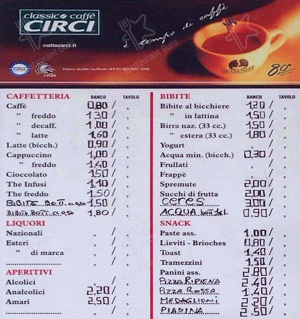 Bar Cavaliere меню