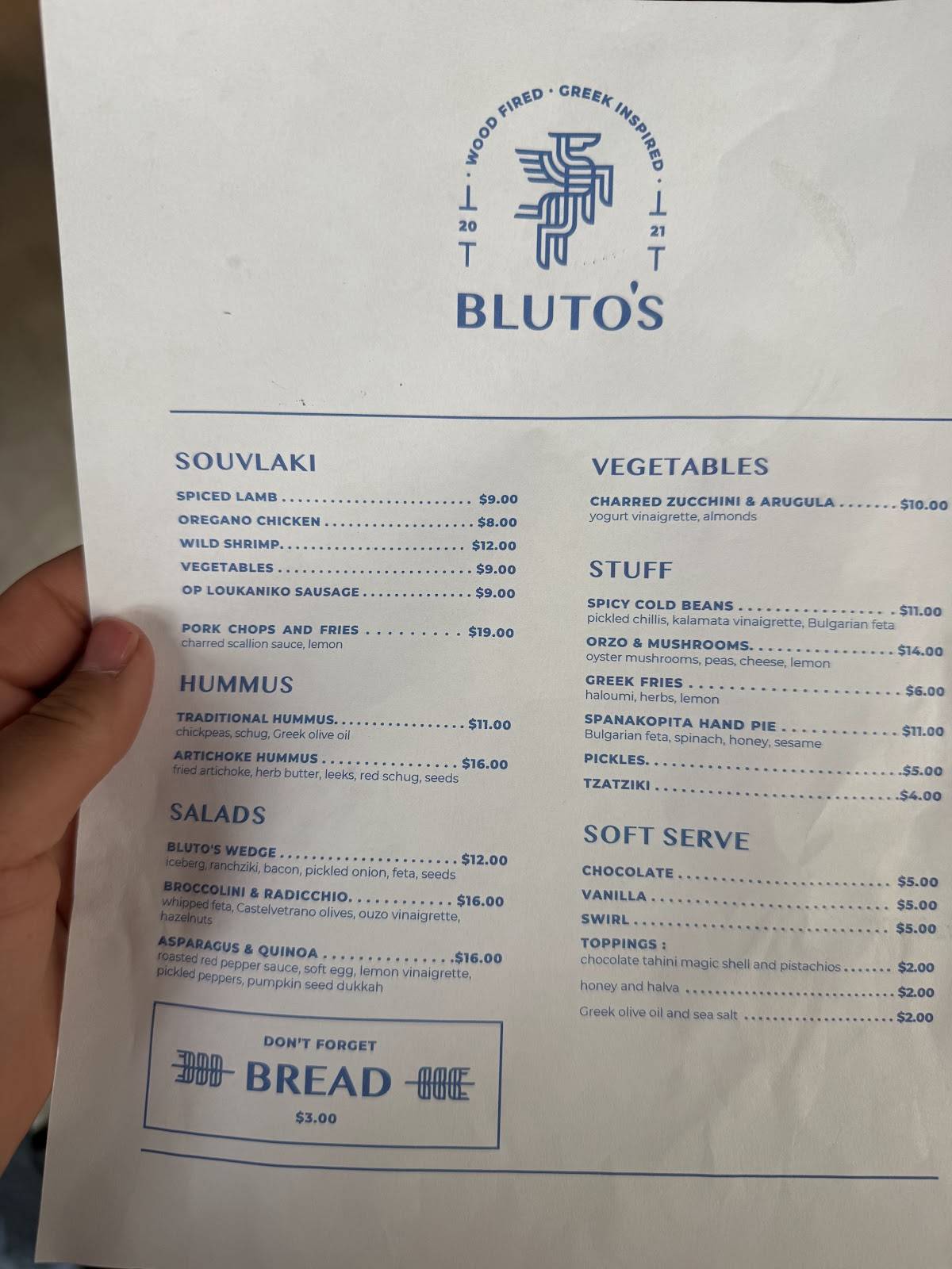 Bluto's меню