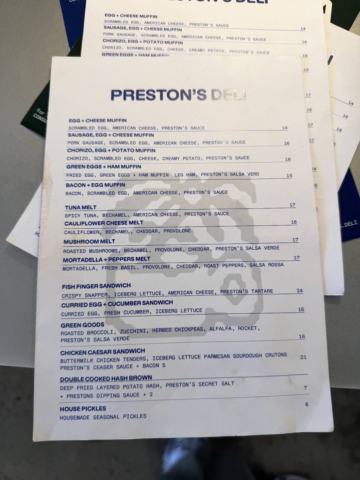 Preston's Deli меню