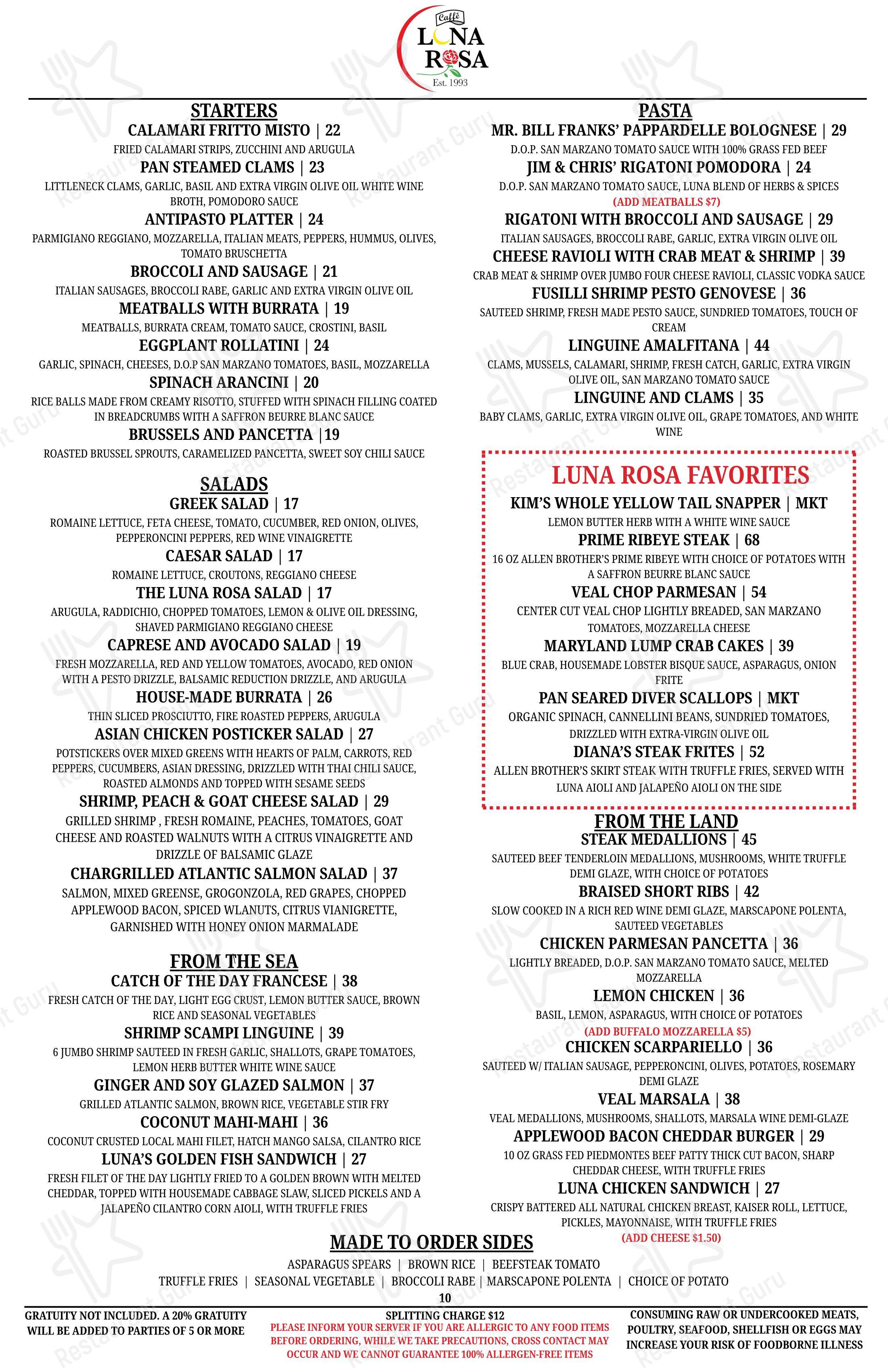 Меню паба и бара Caffe Luna Rosa в Делрее-Биче
