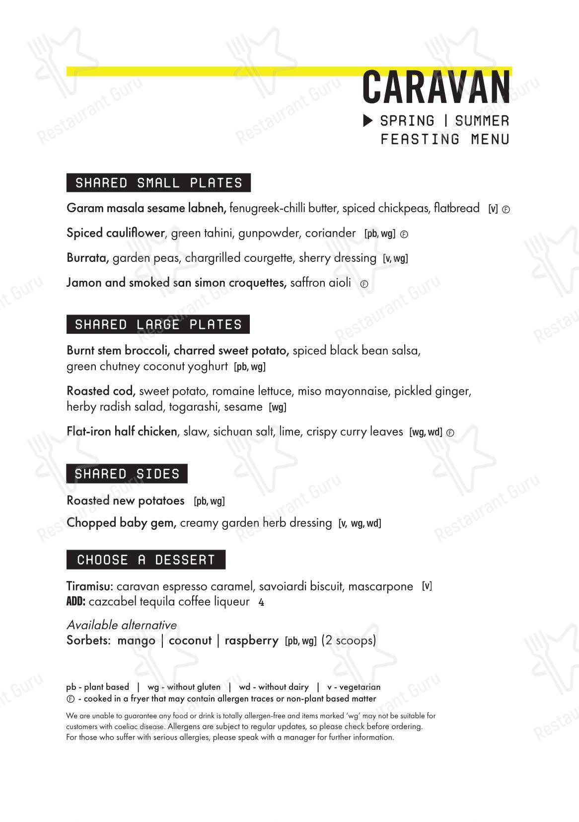 Dinner Menu паба и бара Caravan King's Cross