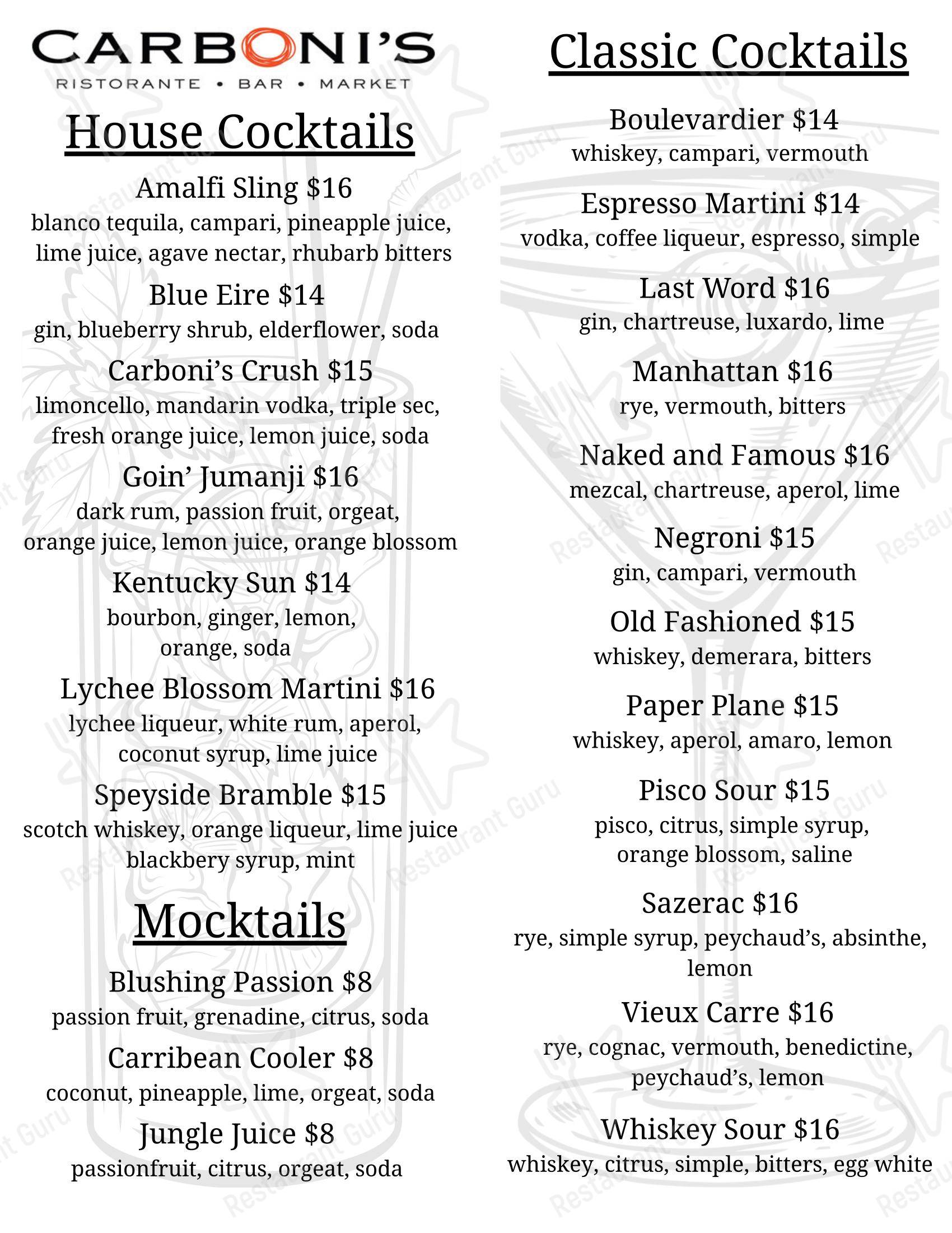 Меню паба и бара Carboni's Ristorante - Group Booking Menu