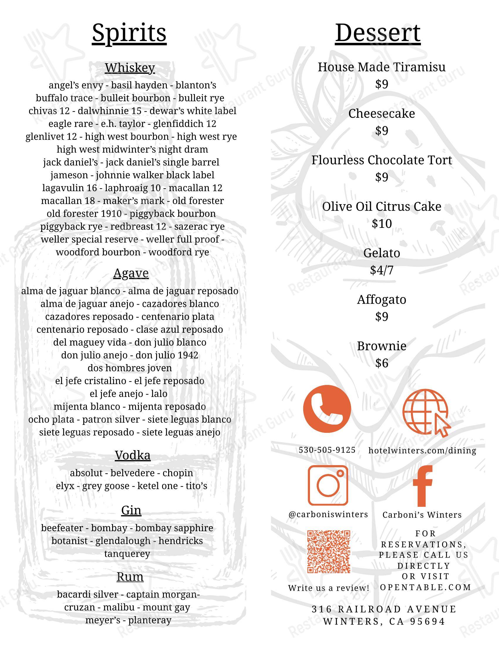 Меню паба и бара Carboni's Ristorante