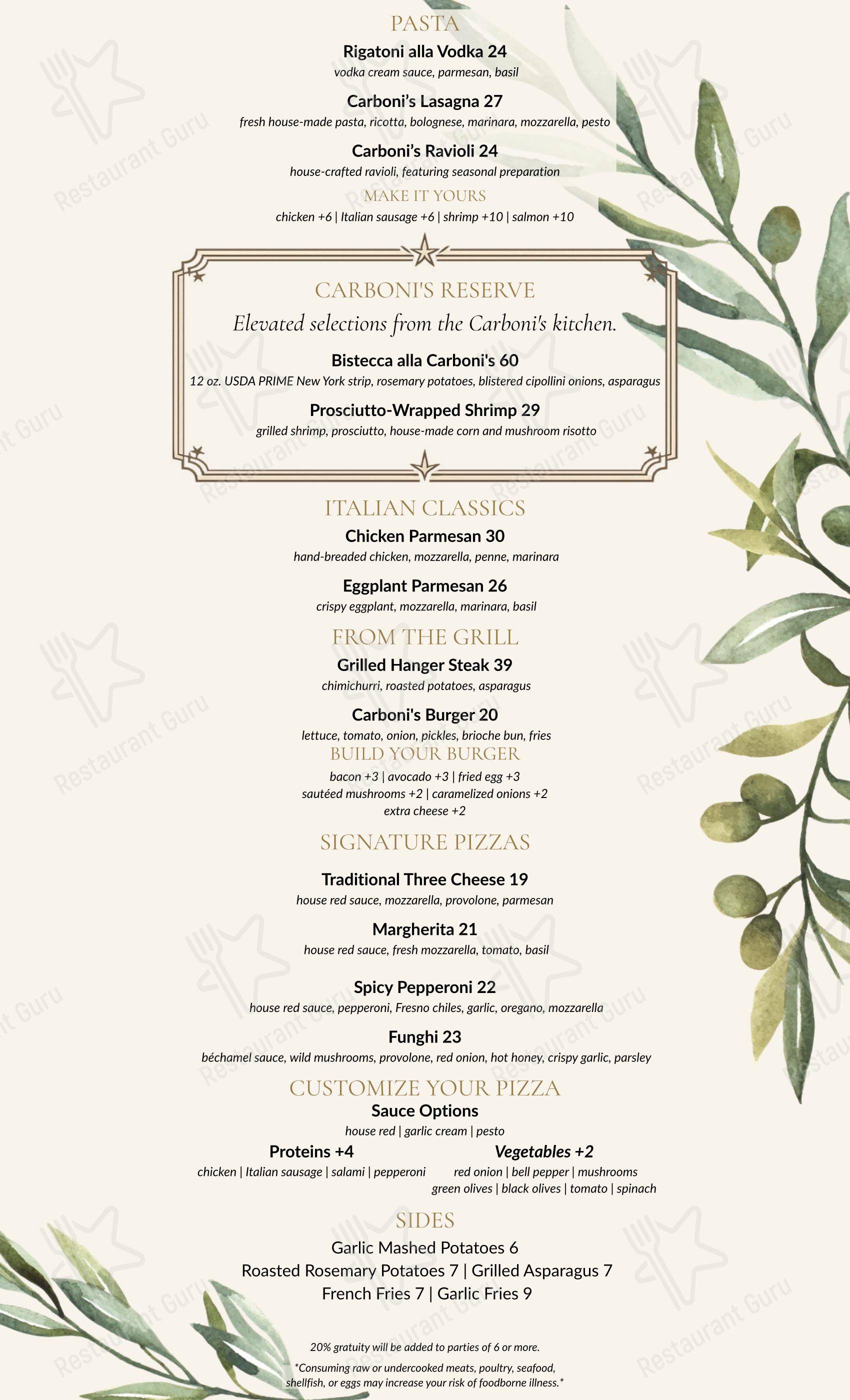 Carboni's Ristorante в Уинтерс - Dinner Menu