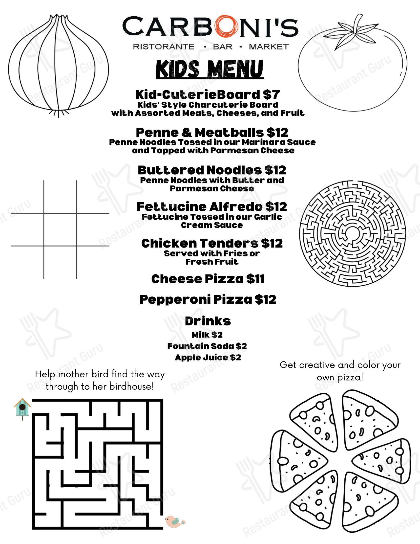 At Home Catering Menu паба и бара Carboni's Ristorante в Уинтерс
