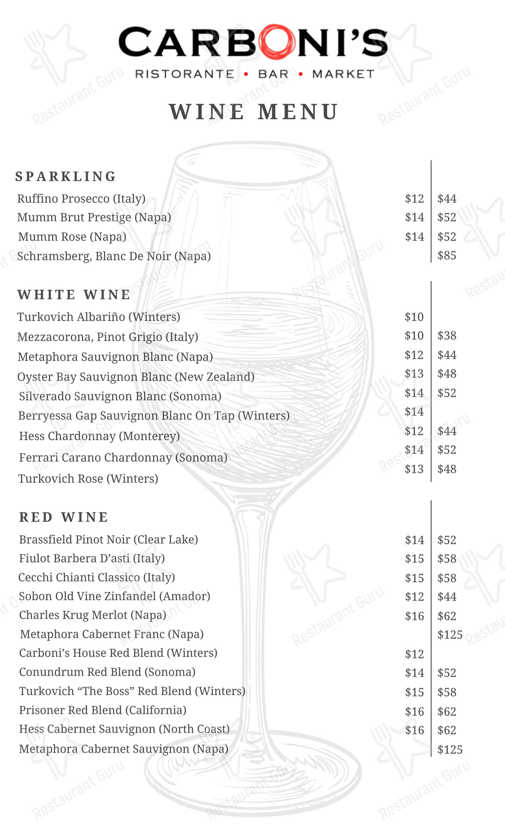 Меню паба и бара Carboni's Ristorante