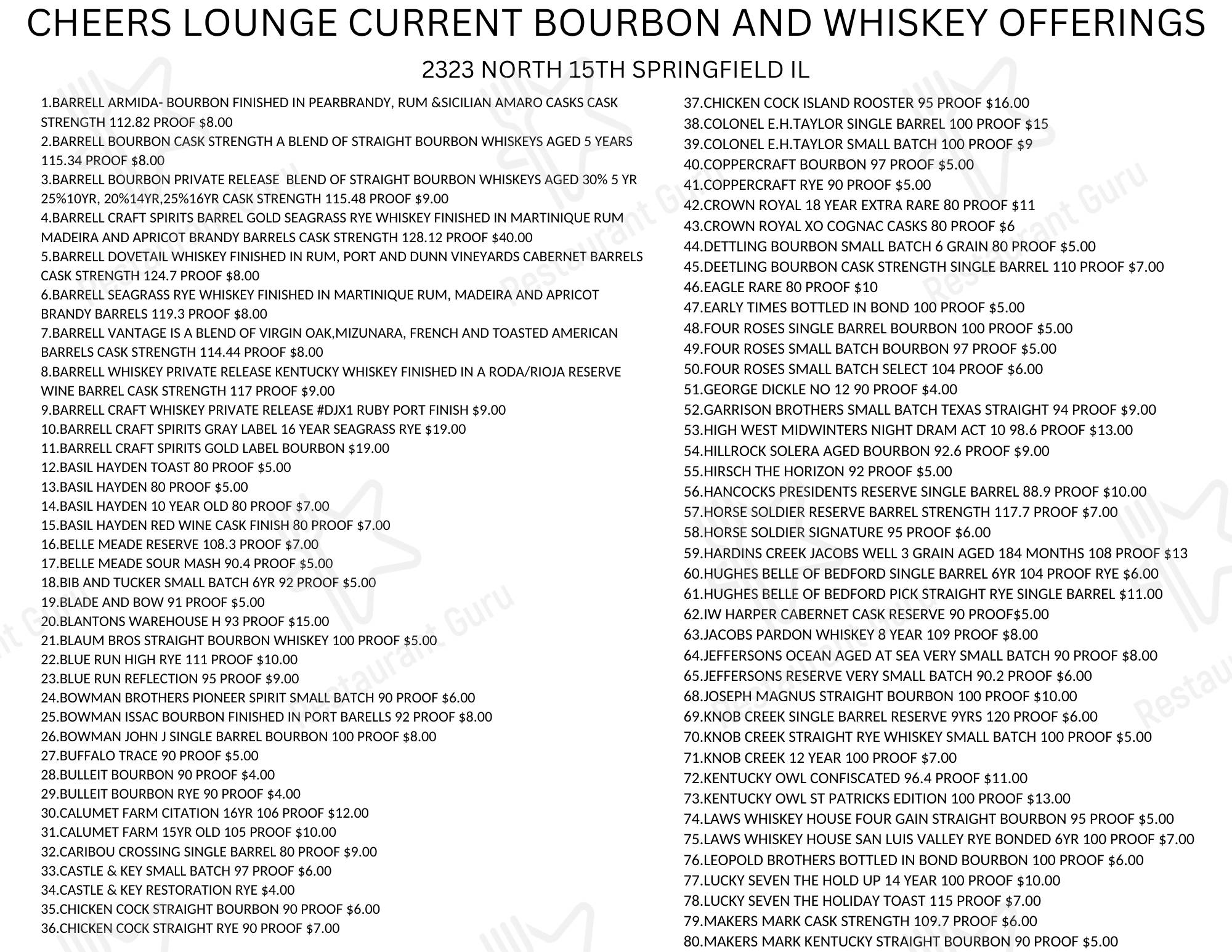 Меню Cheers Lounge - блюда и напитки