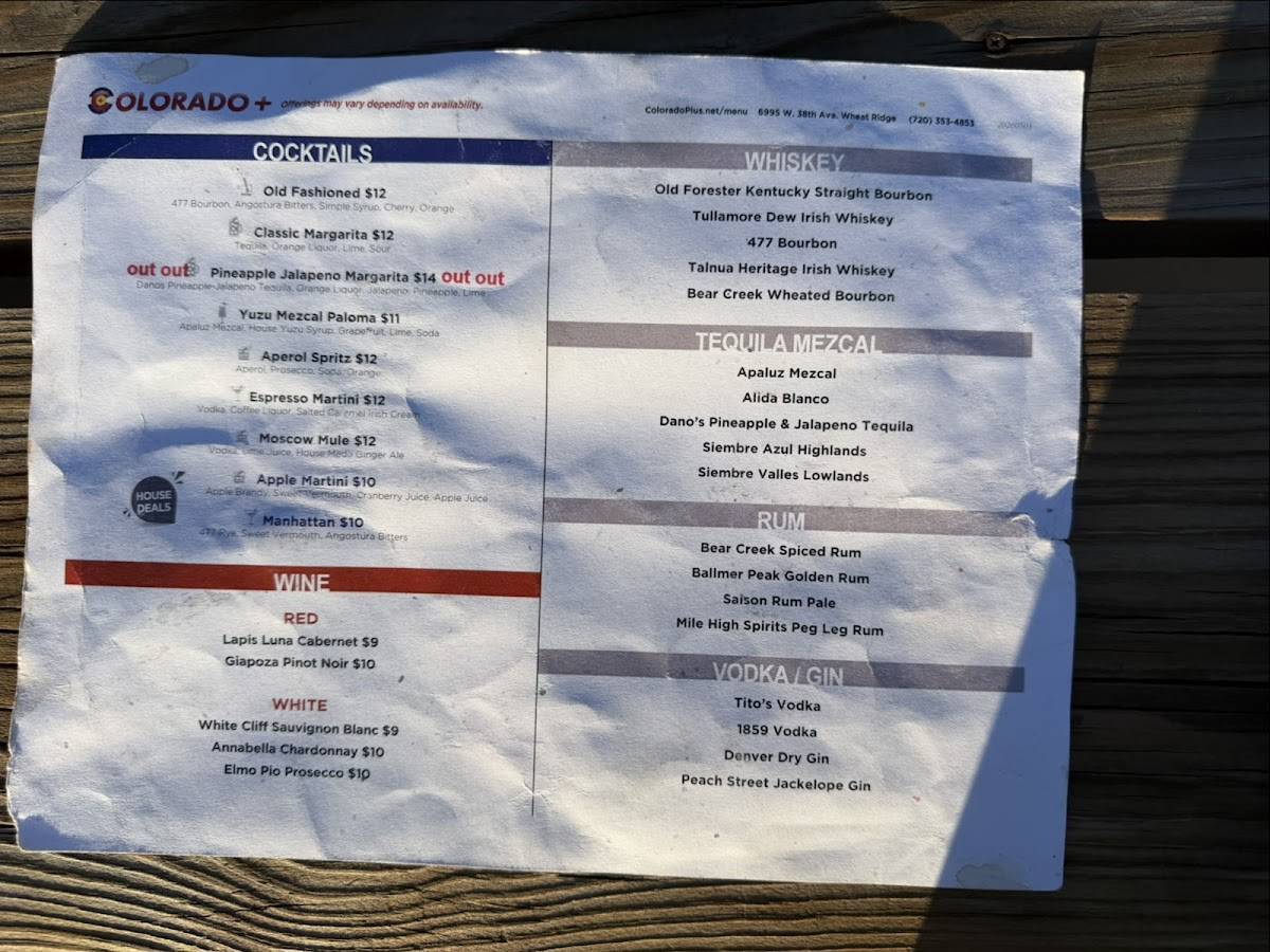 Colorado Plus Brew Pub and Taphouse меню