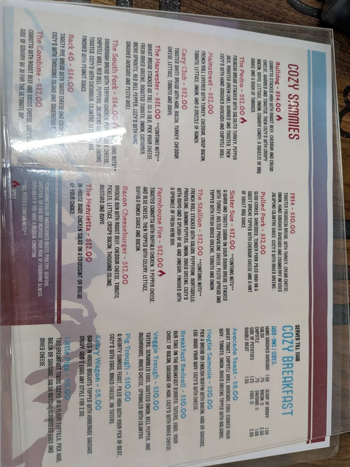 Cozy Subs меню
