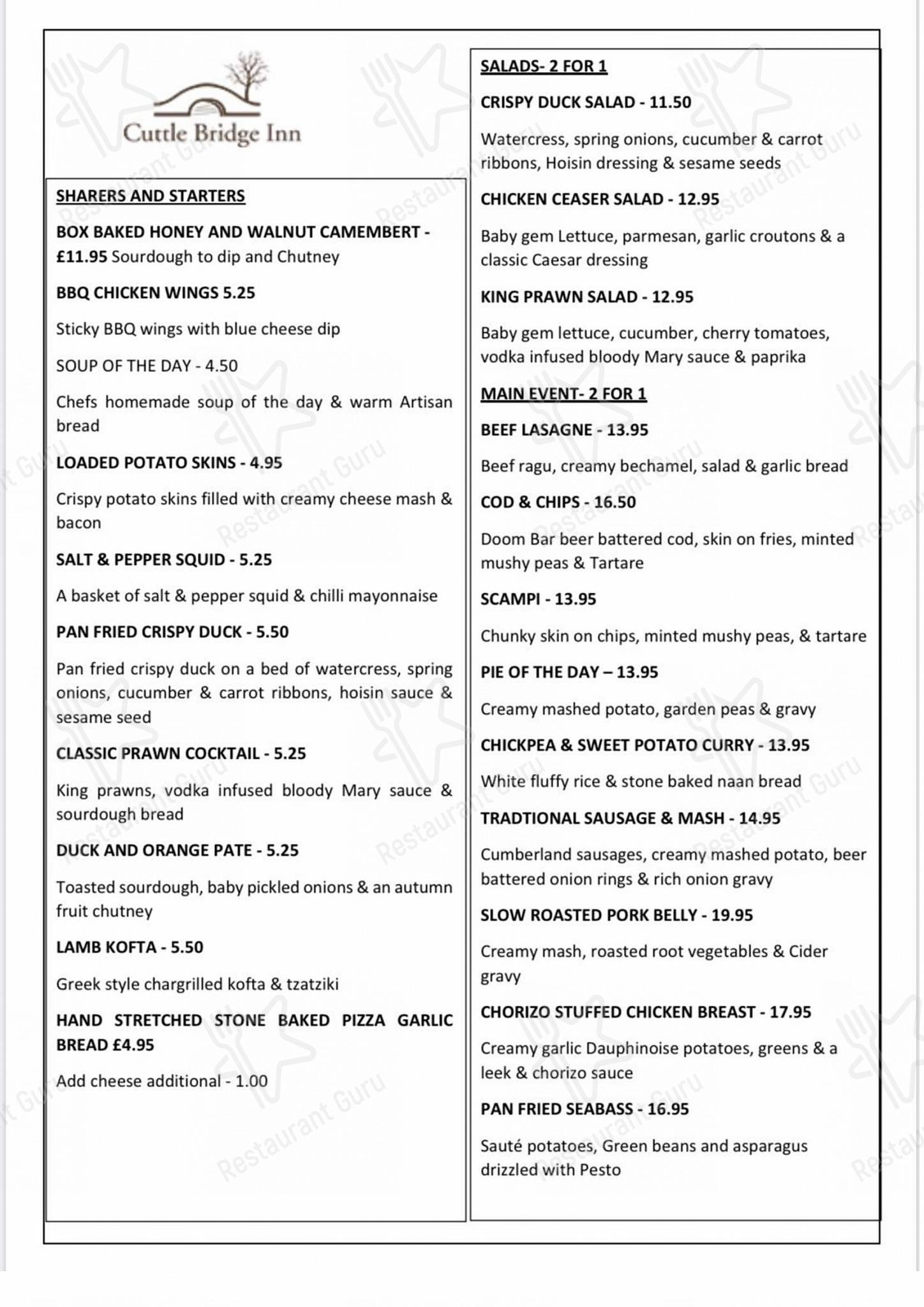 Cuttle Bridge Inn в Саттоне Колдфилд - Lunch Menu