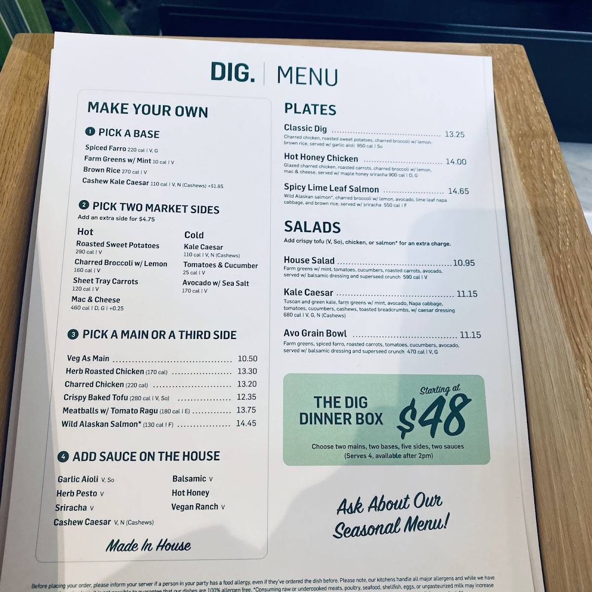 Dig Inn меню
