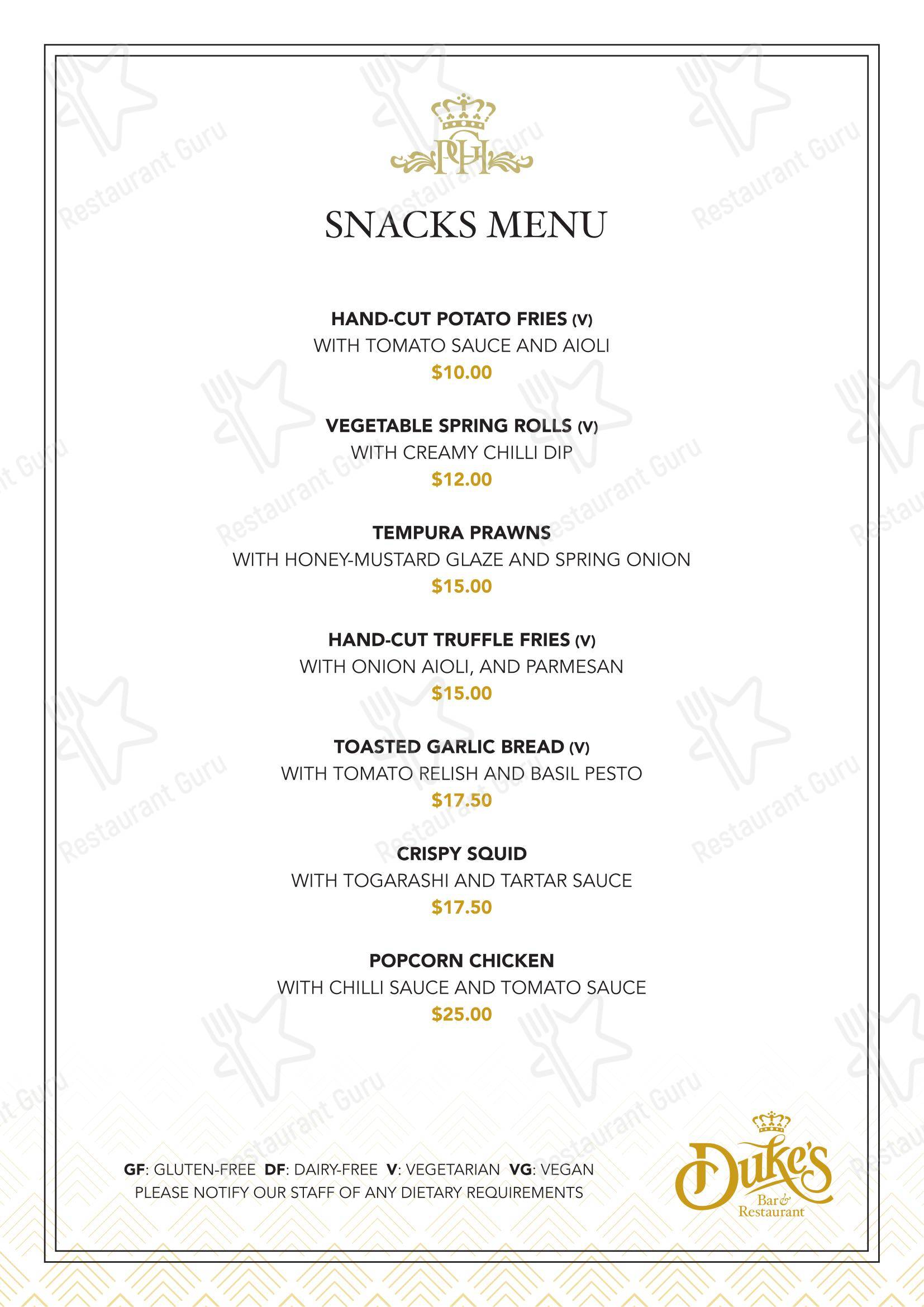 Основное меню ресторана Duke's Restaurant & Bar