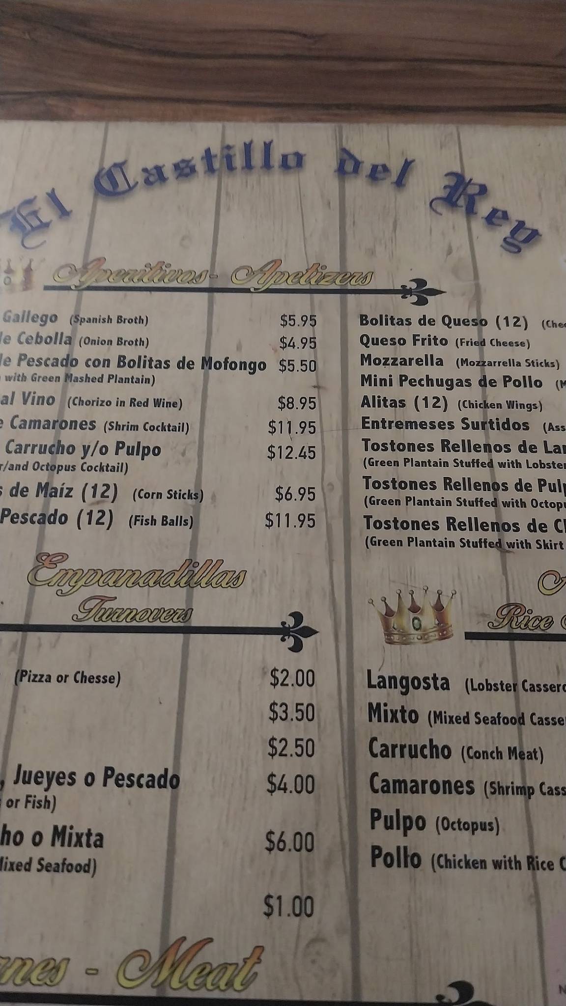 El Castillo del Rey меню