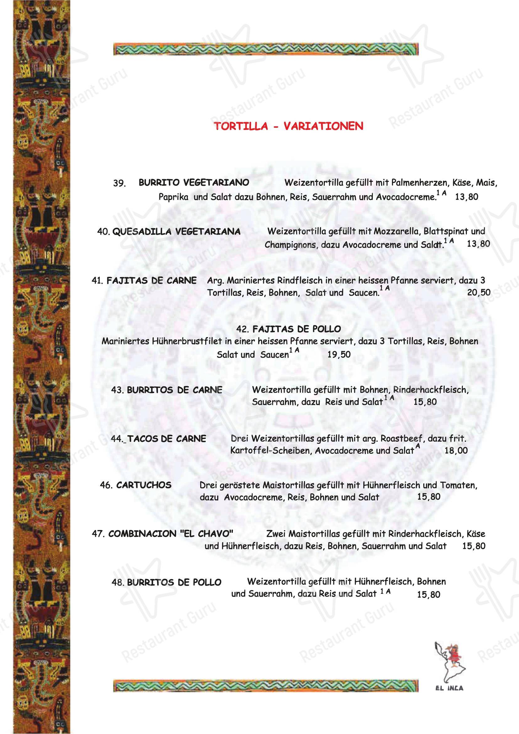 Меню напитков ресторана El Inca Restaurant