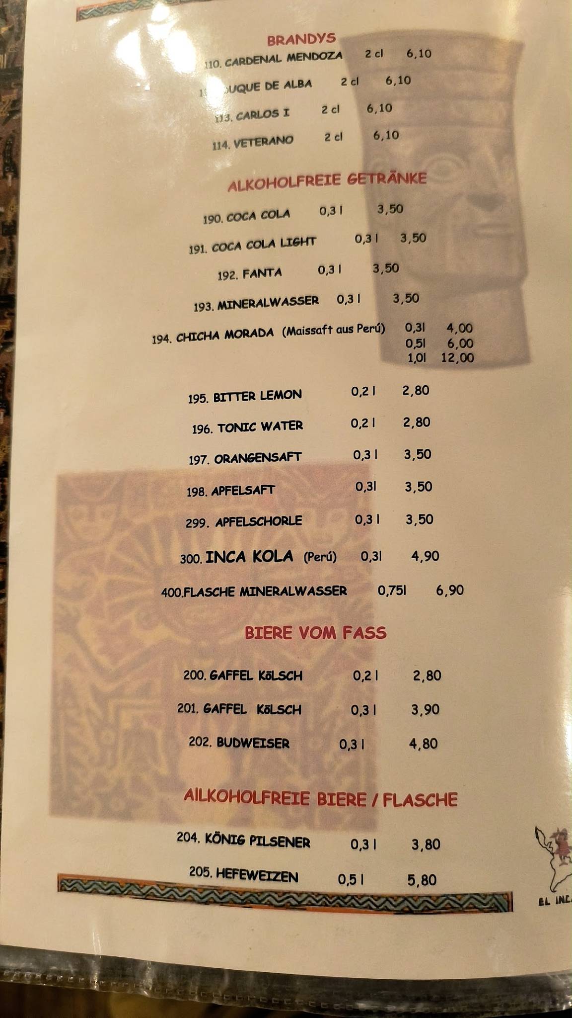 El Inca Restaurant меню
