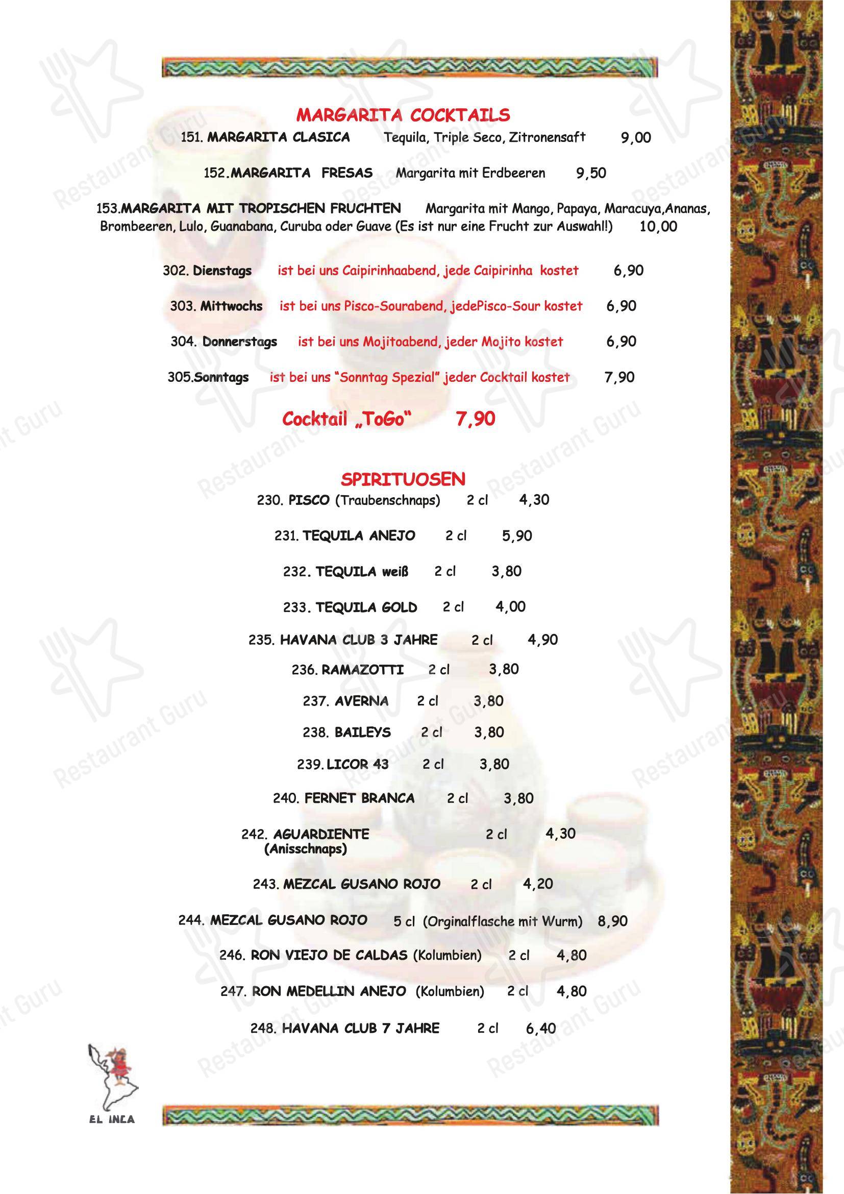 Меню напитков ресторана El Inca Restaurant