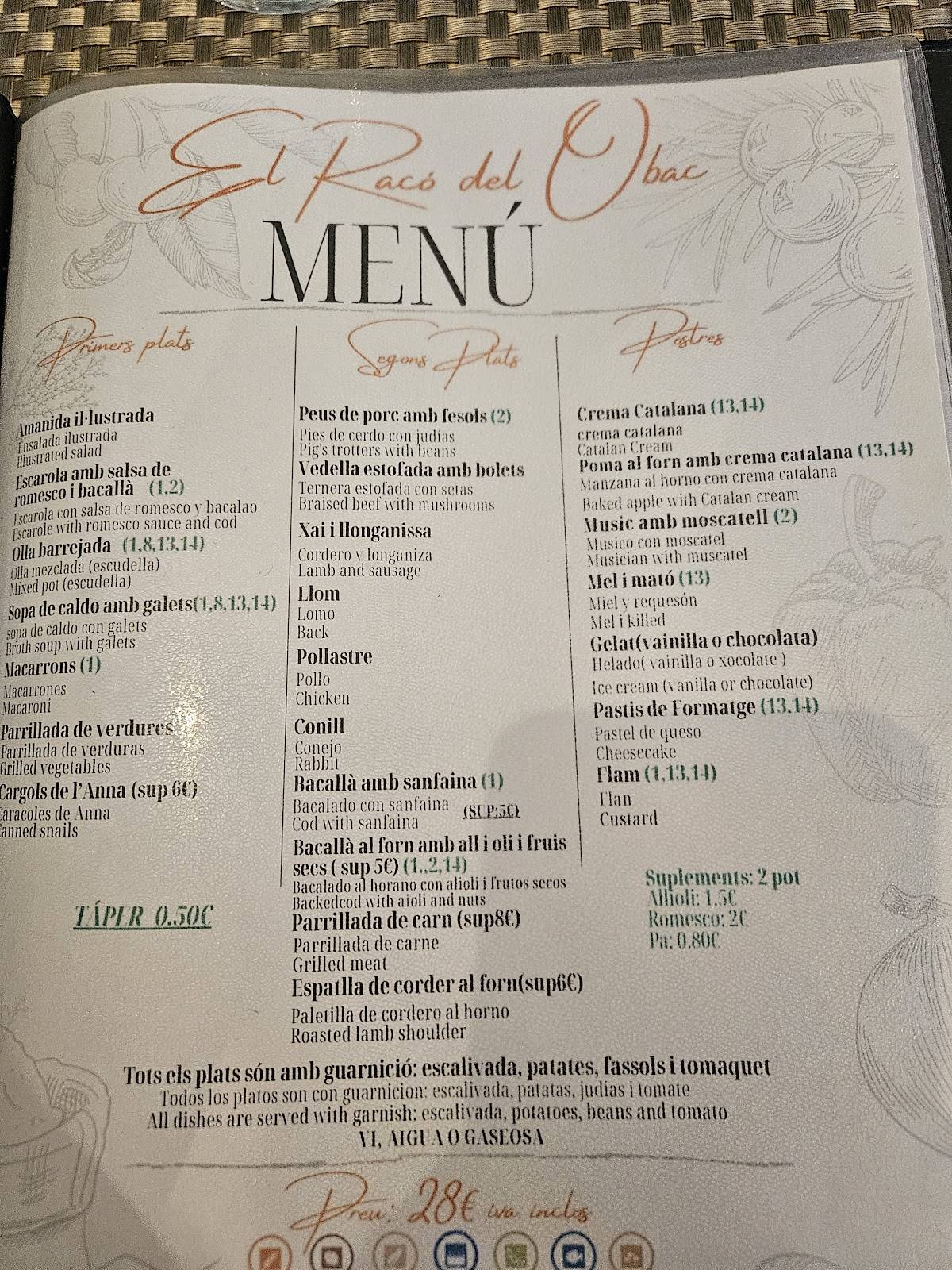 El Racó de L'Obac меню