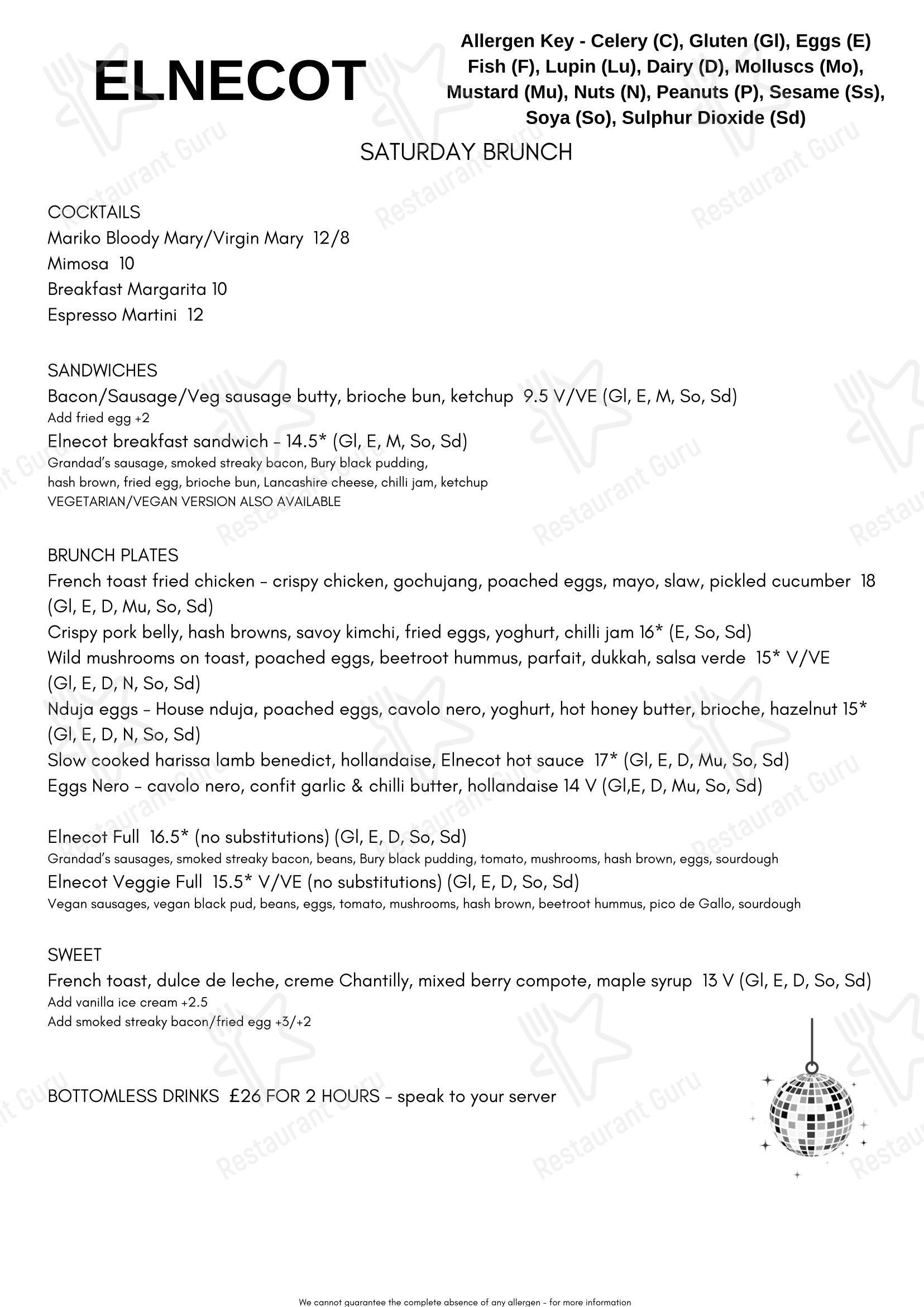 Takeaway Menu паба и бара Elnecot в Манчестере