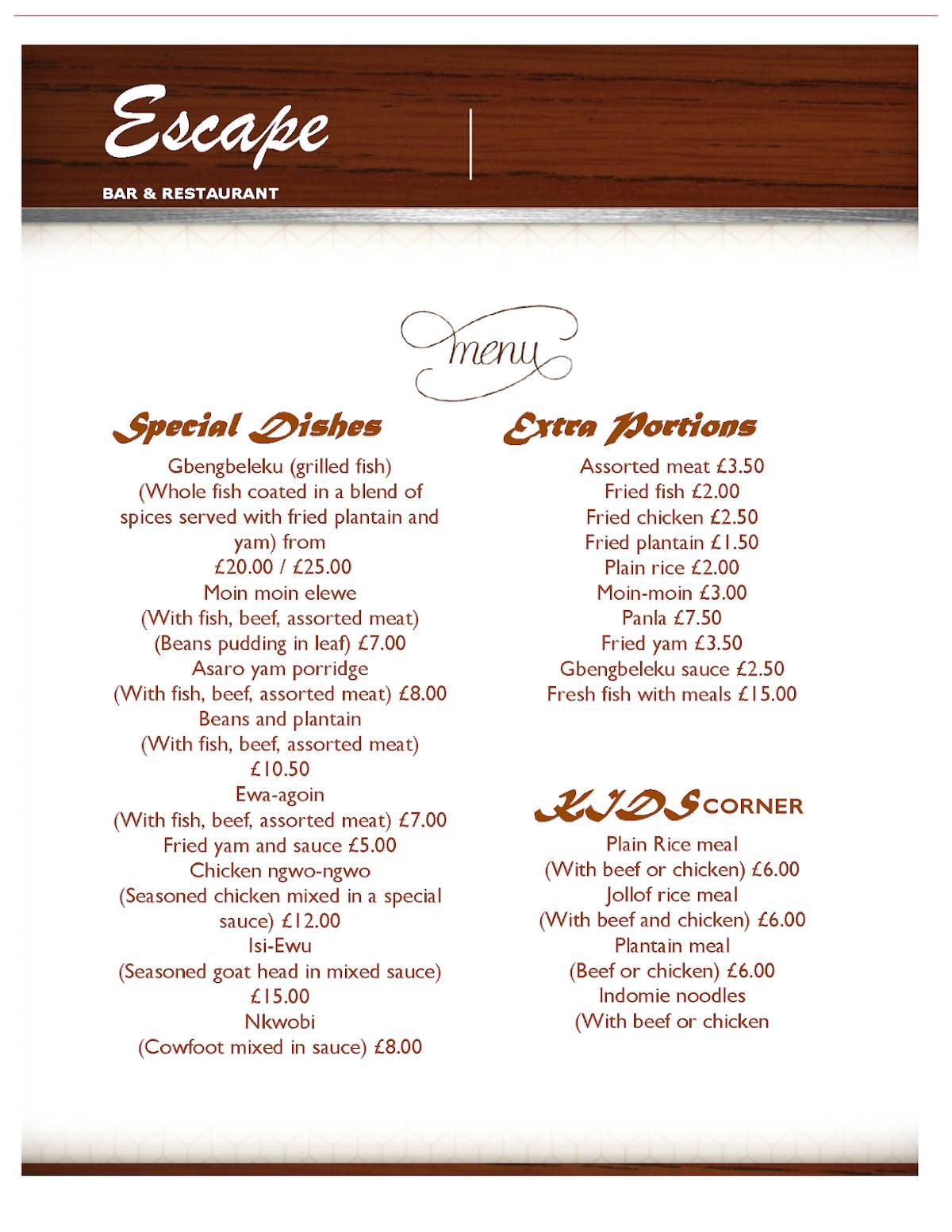 Escape Restaurant & Bar меню
