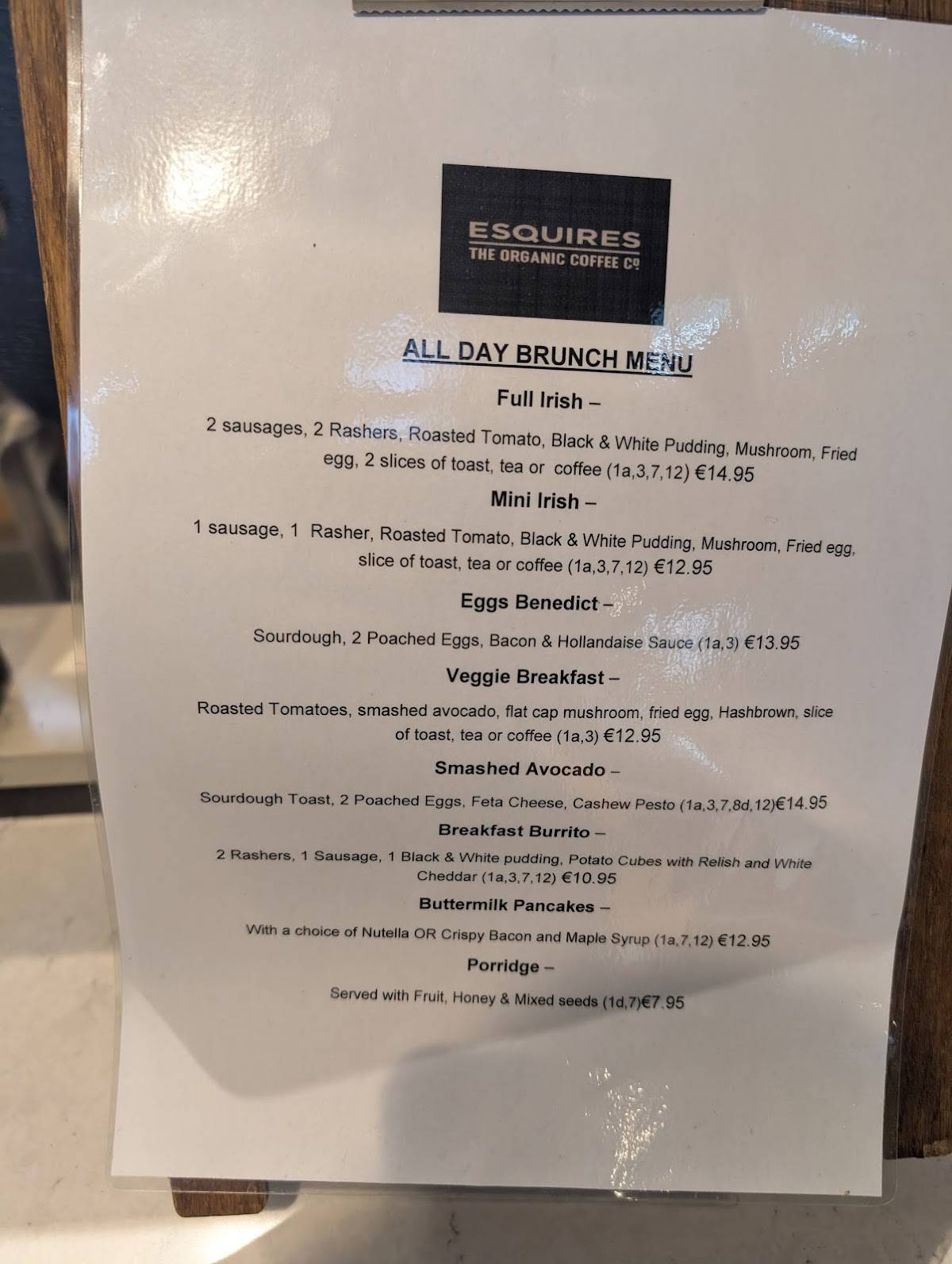 Esquires - The Organic Coffee Co (Midleton) меню