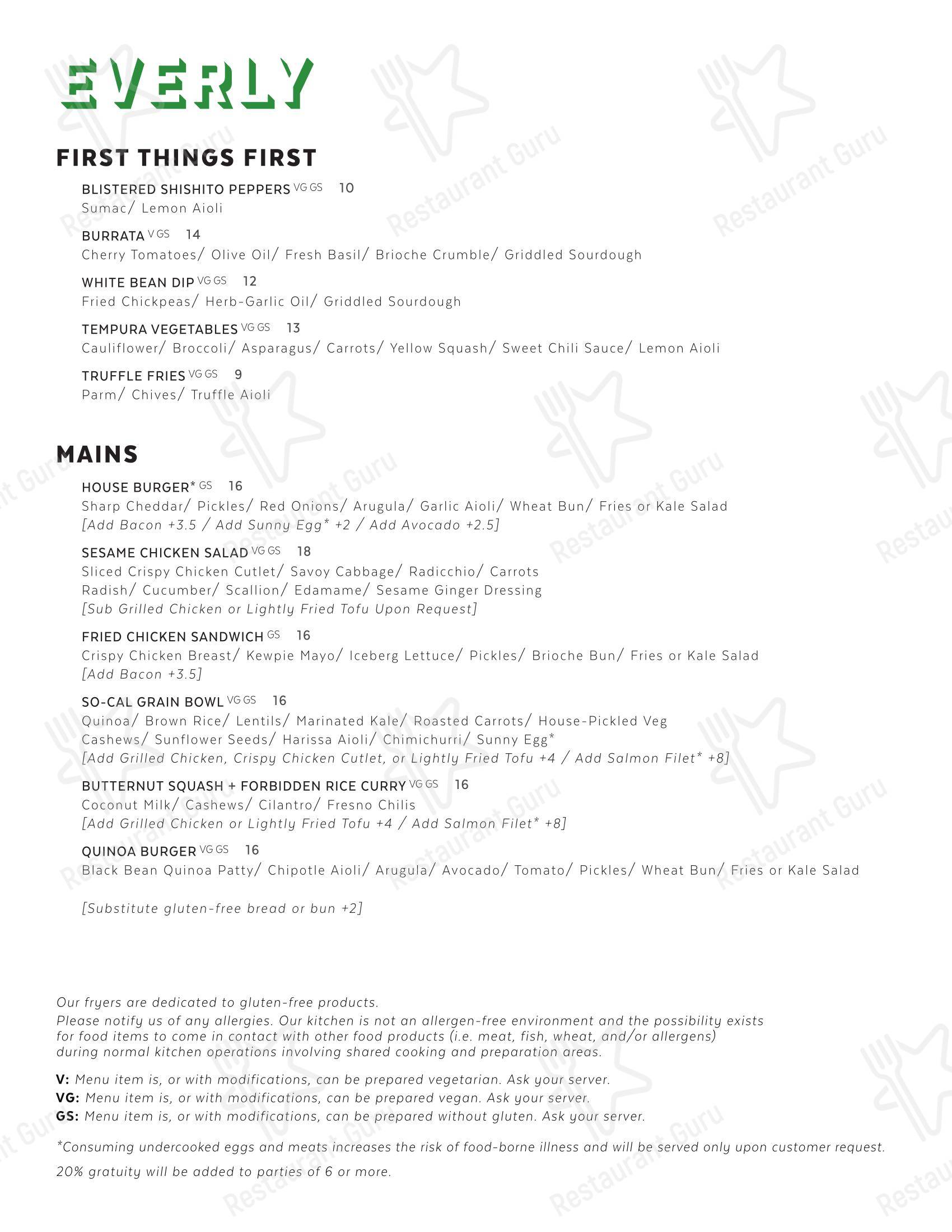 Меню паба и бара Everly - Lunch Menu