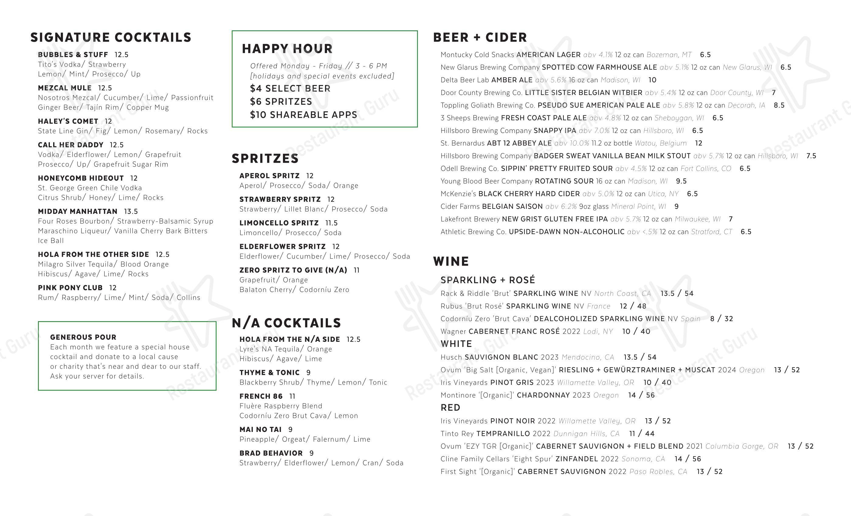 Dinner Menu паба и бара Everly в Мадисне
