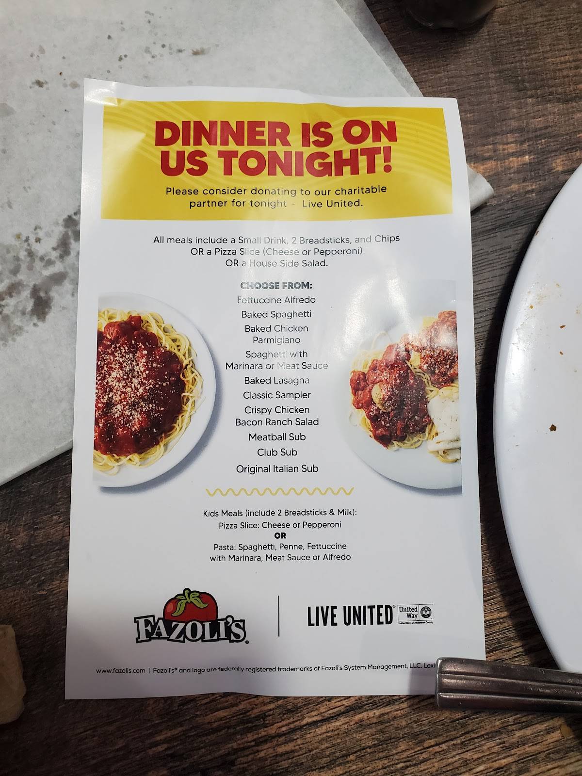 Fazoli's меню