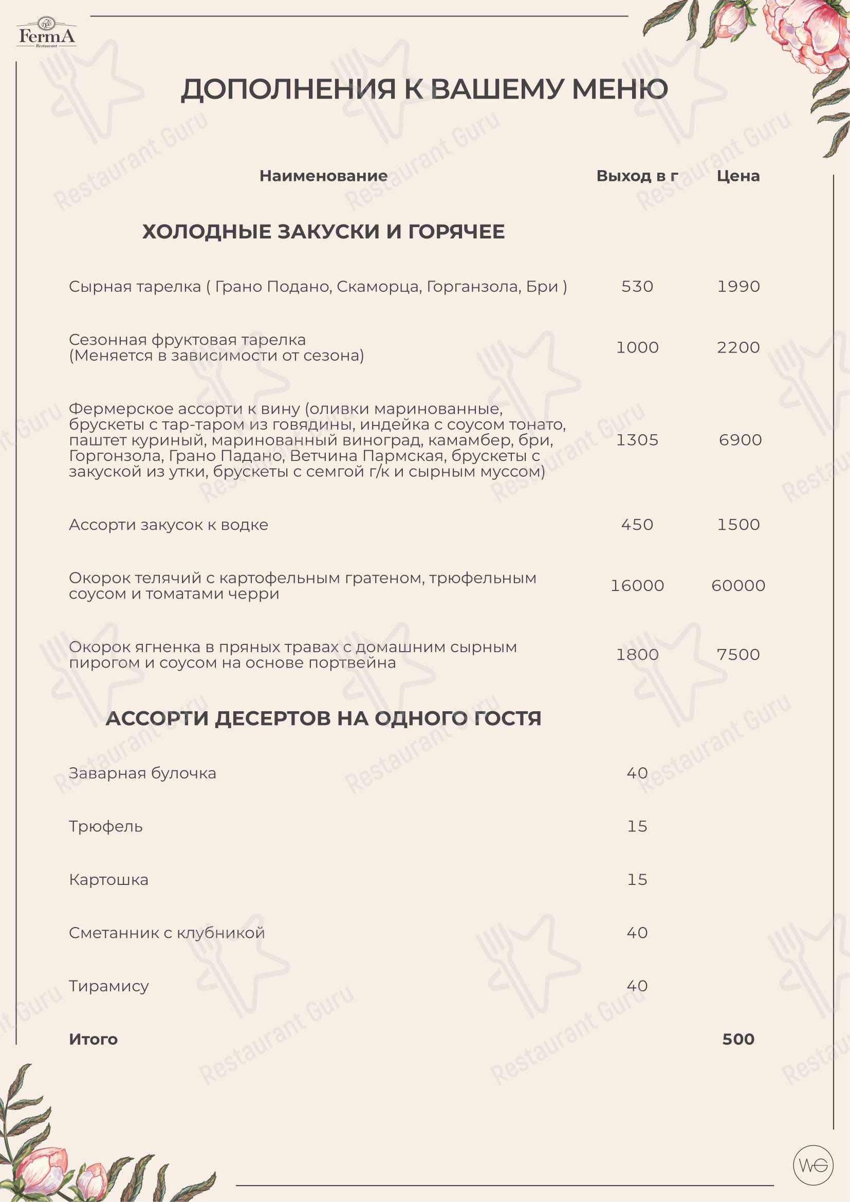 Основное меню ресторана FermA