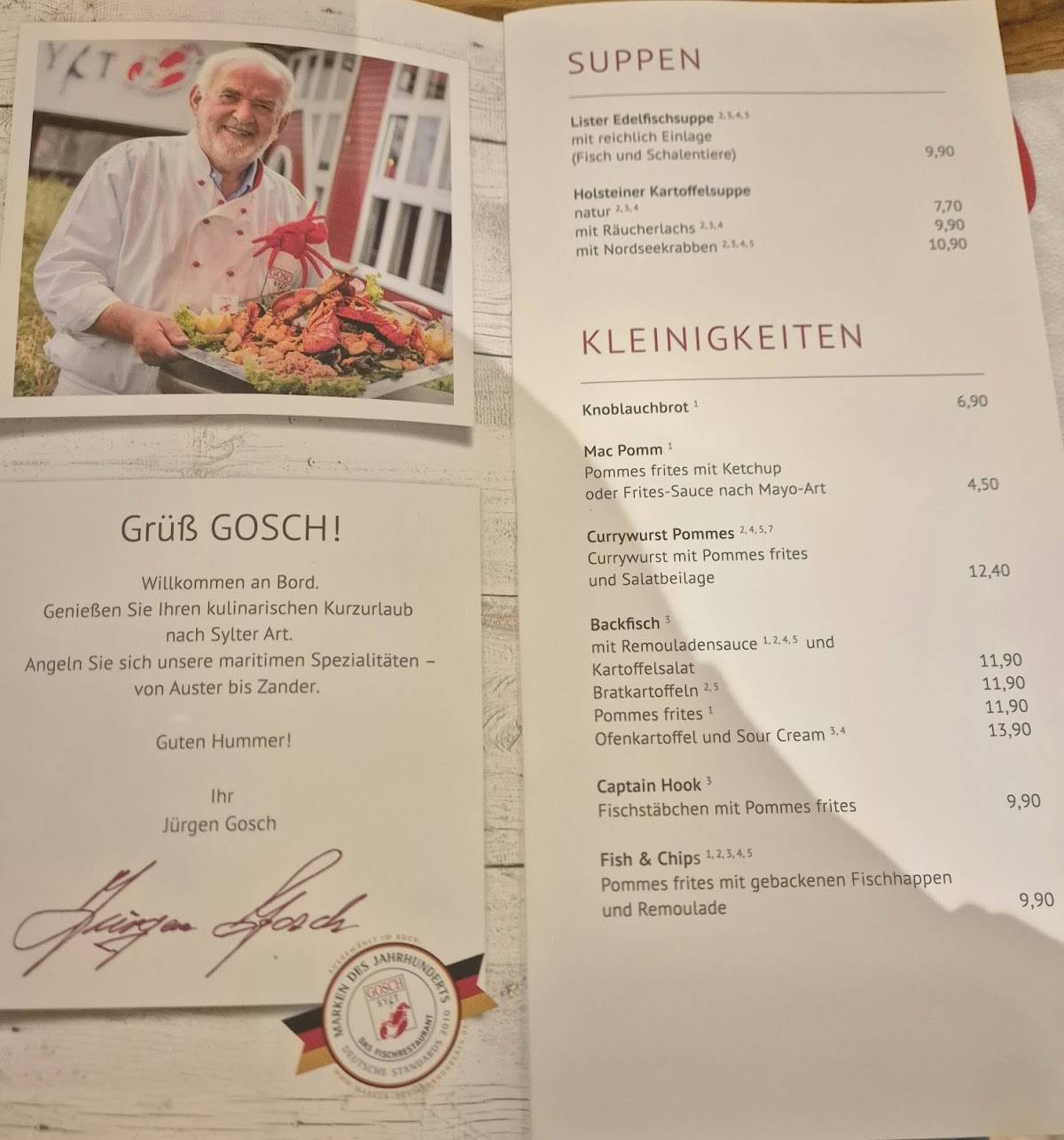 Gosch Warnemünde меню