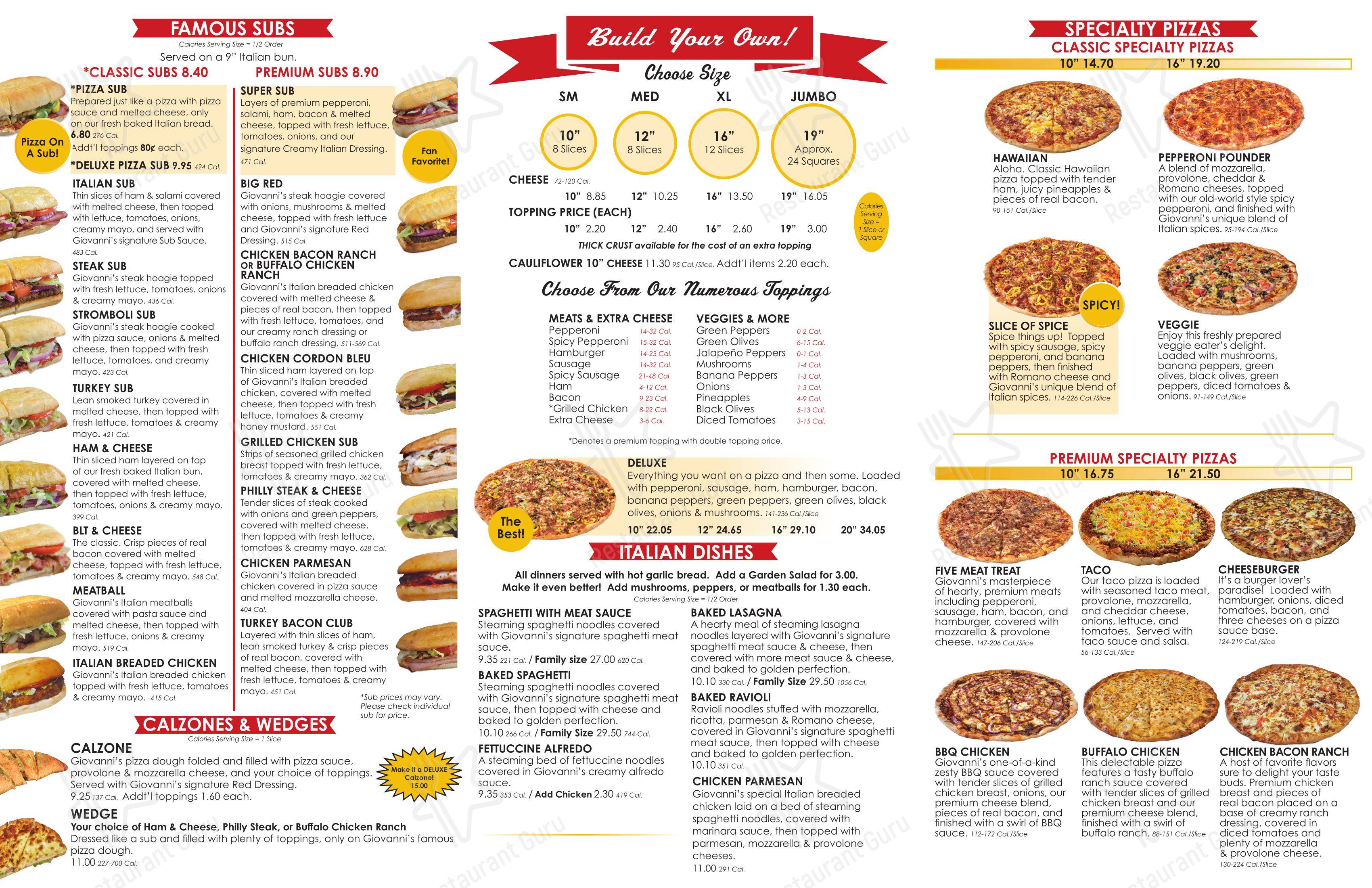 Меню пиццерии Giovanni's Pizza