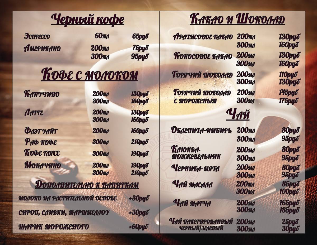 Глоточек Счастья меню